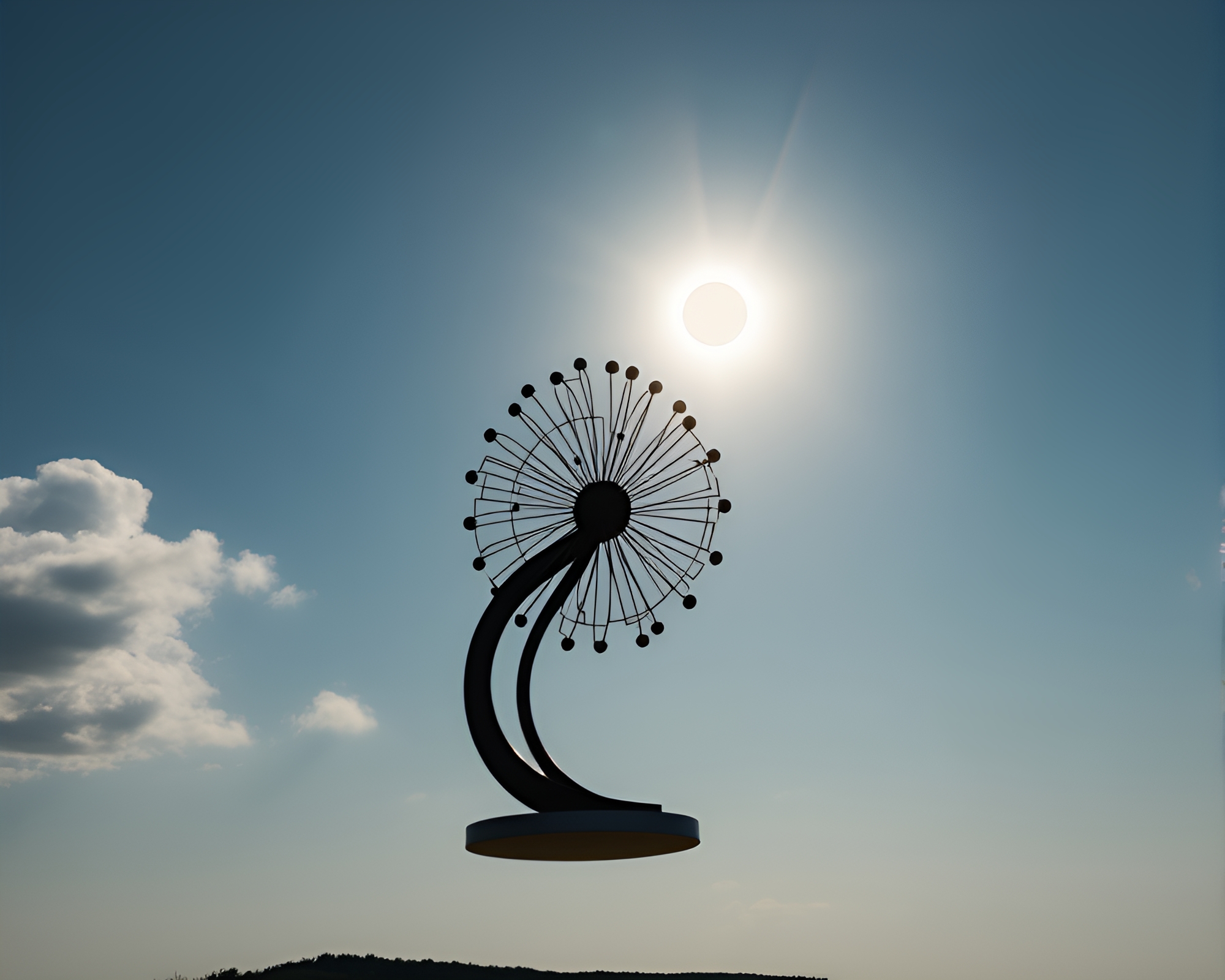 Tranquil Solar Eclipse Illuminates Kinetic Sculpture in Flight – free AI stock image