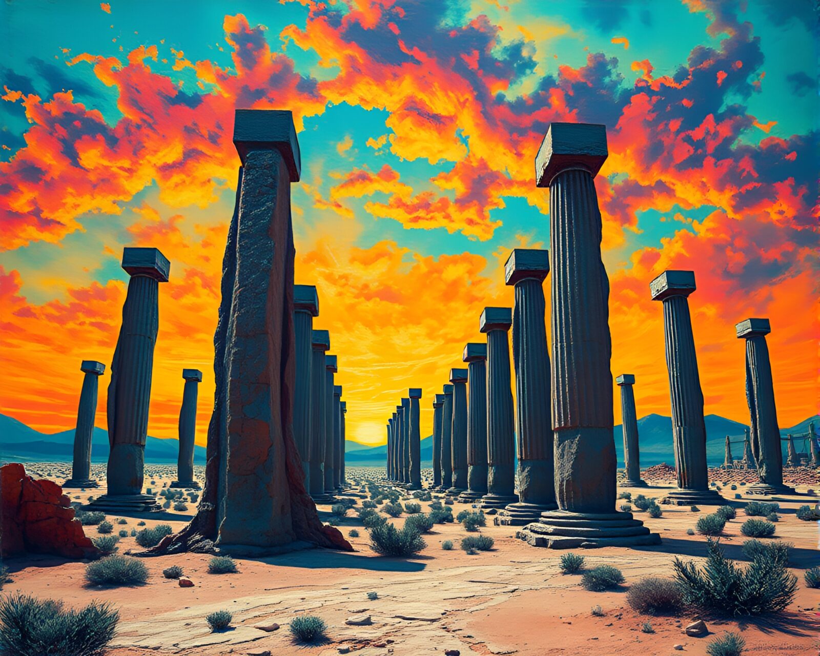Majestic monolithic pillars hanging in electrifying, vibrant background