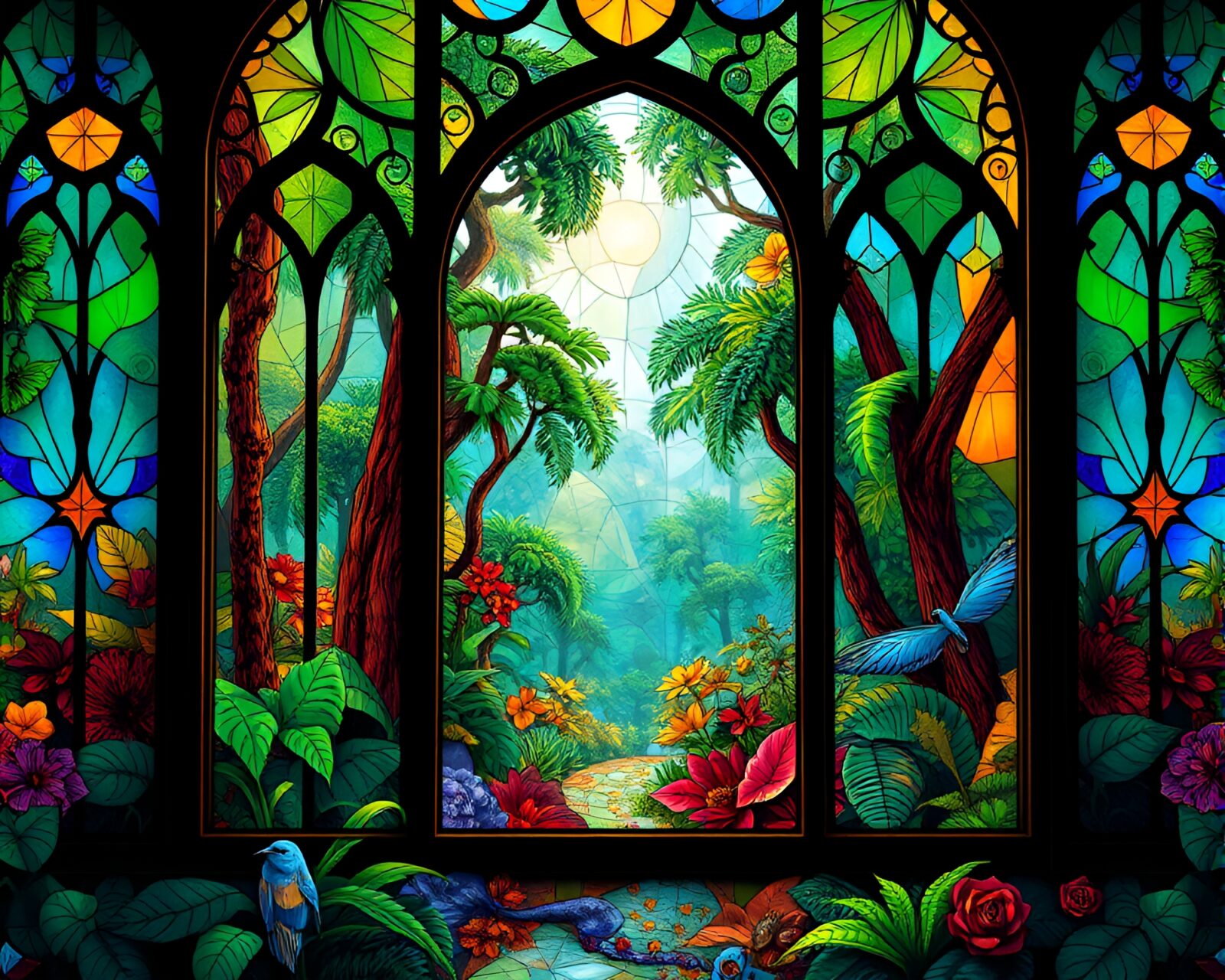 Colorful fractal jungle scene in stained glass art