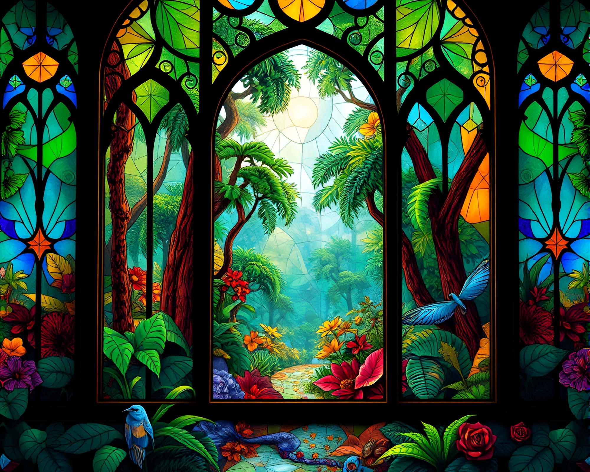 Vibrant Fractal Jungle in Stained Glass Window Art – free AI stock image
