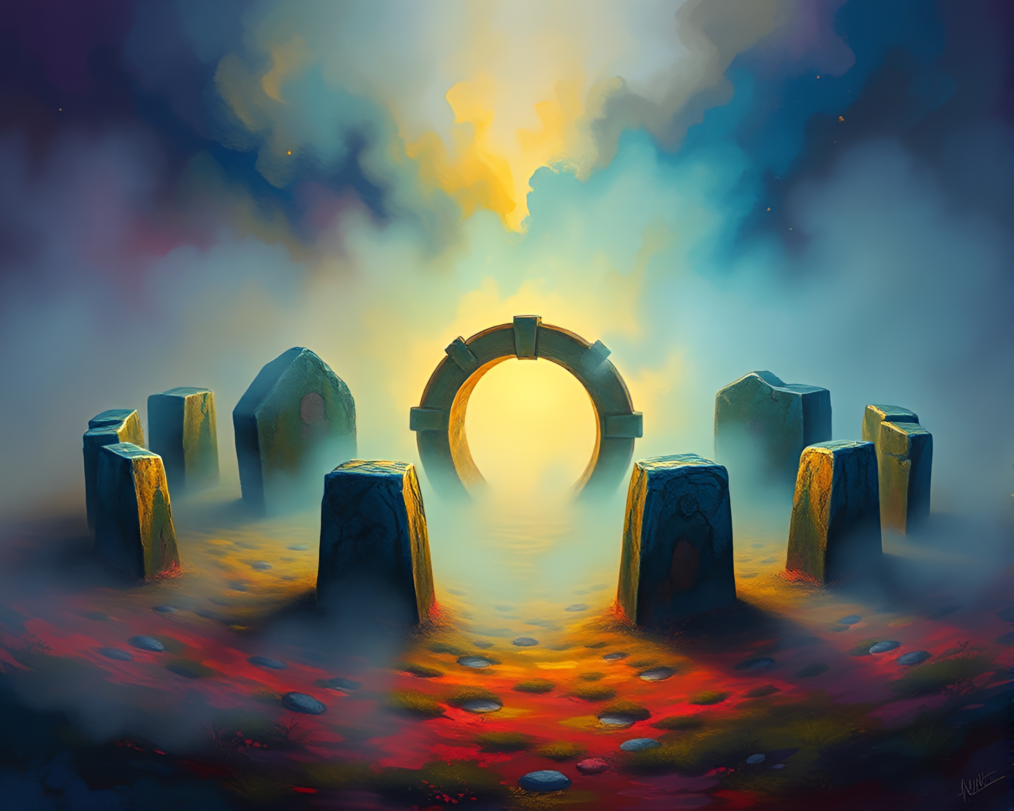 Enigmatic Druidic Stone Circle in Vibrant Acrylic Colors – free AI stock image