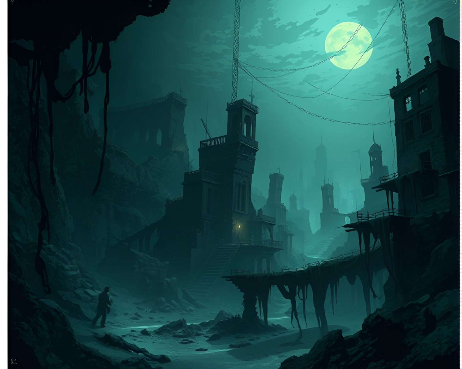 Detailed vector art of a somber sunken city with dilapidated buildings