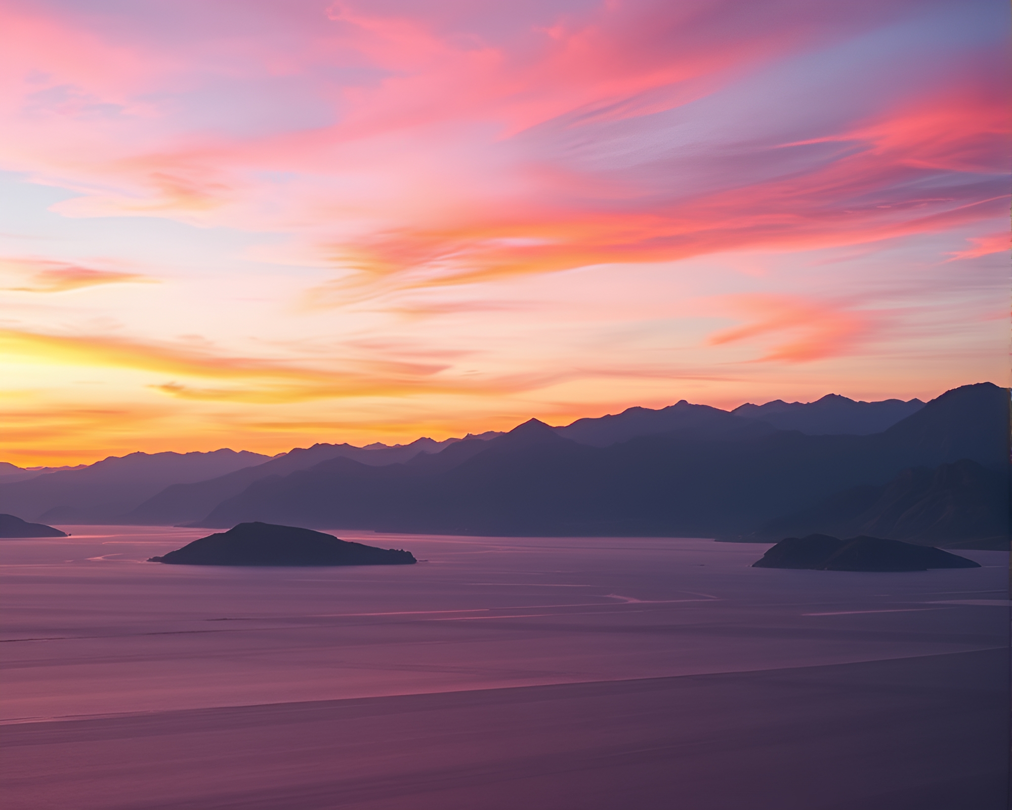 Majestic mountains overlooking tranquil lake at sunset – free AI stock image