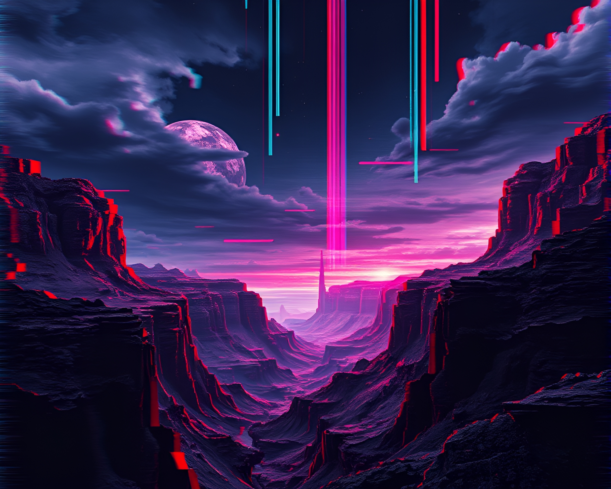 Surreal Glitch Art in Obsidian Canyon – free AI stock image