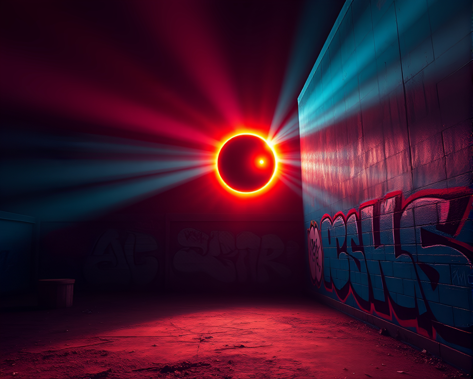 Surreal Solar Eclipse Illuminates Neon Graffiti Wall Scene – free AI stock image