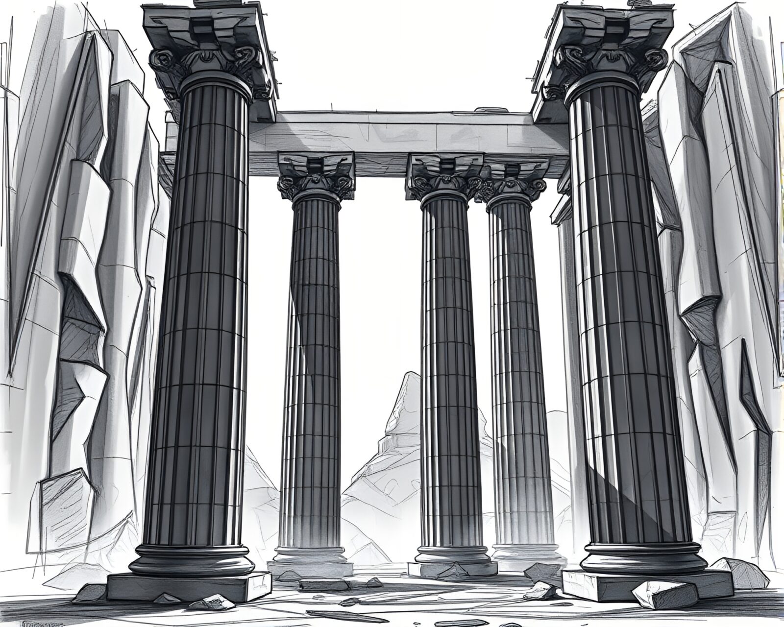 Massive pillars with intricate designs in dramatic shadowy setting