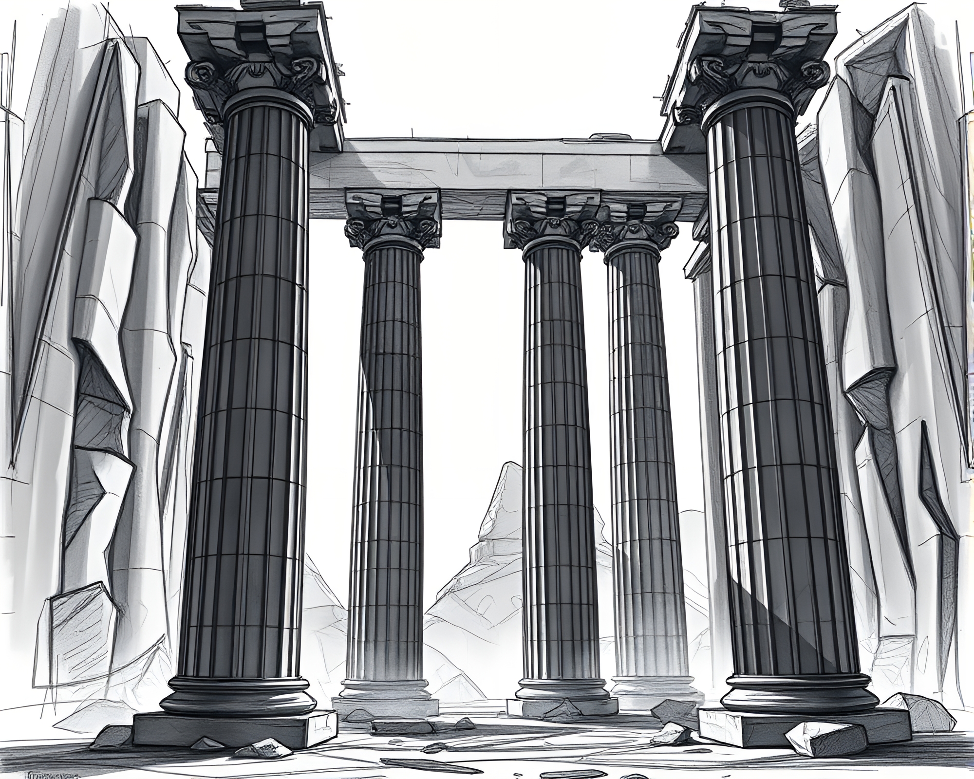 Ethereal Monolithic Pillars in Dramatic Charcoal Sketch – free AI stock image