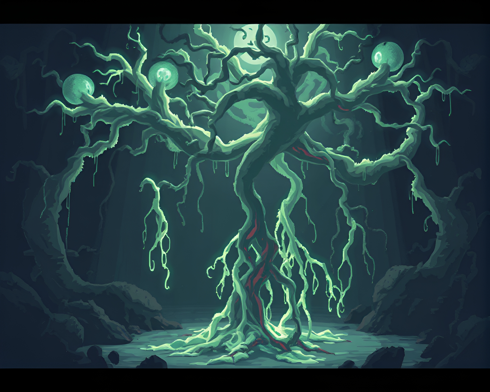 Enchanting Roots Network in Glitched Pixel Art Landscape – free AI stock image