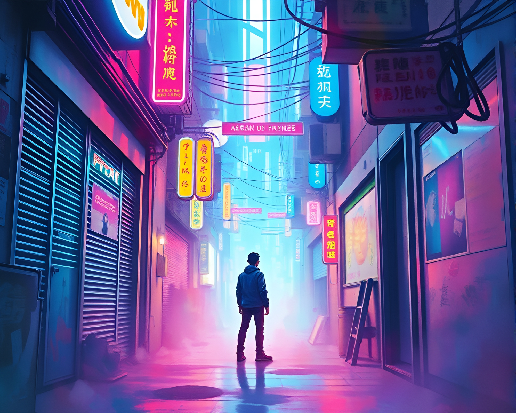Ethereal Cyberpunk Portrait in Vibrant Neon Alleyway – free AI stock image