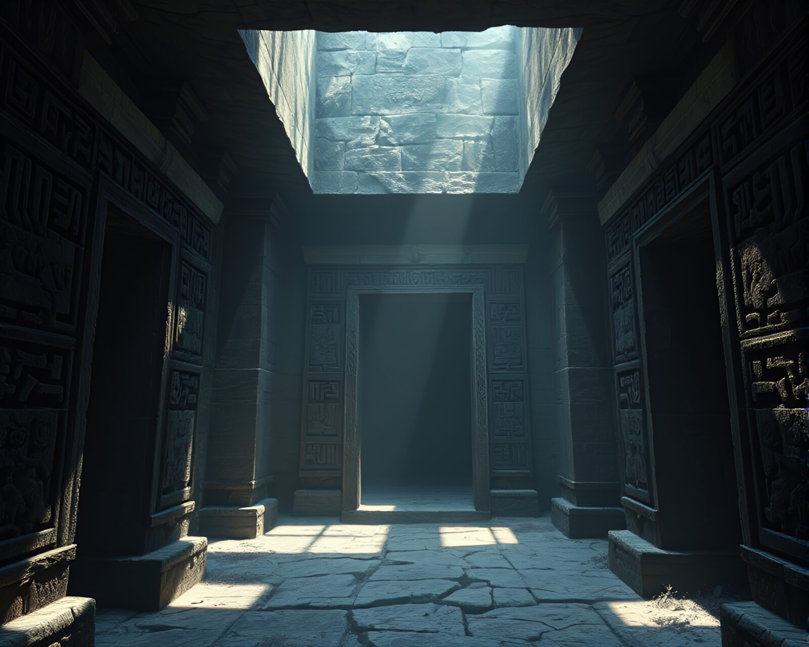 Detailed CGI rendering of eerie glyph-covered temple walls in dim light