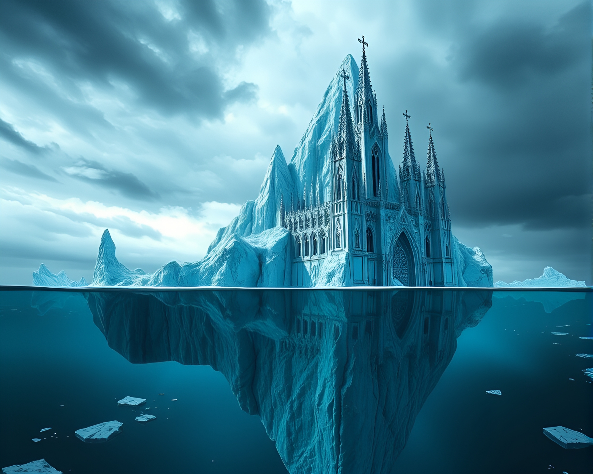 Majestic Iceberg Cathedral in Apocalyptic Waters – free AI stock image