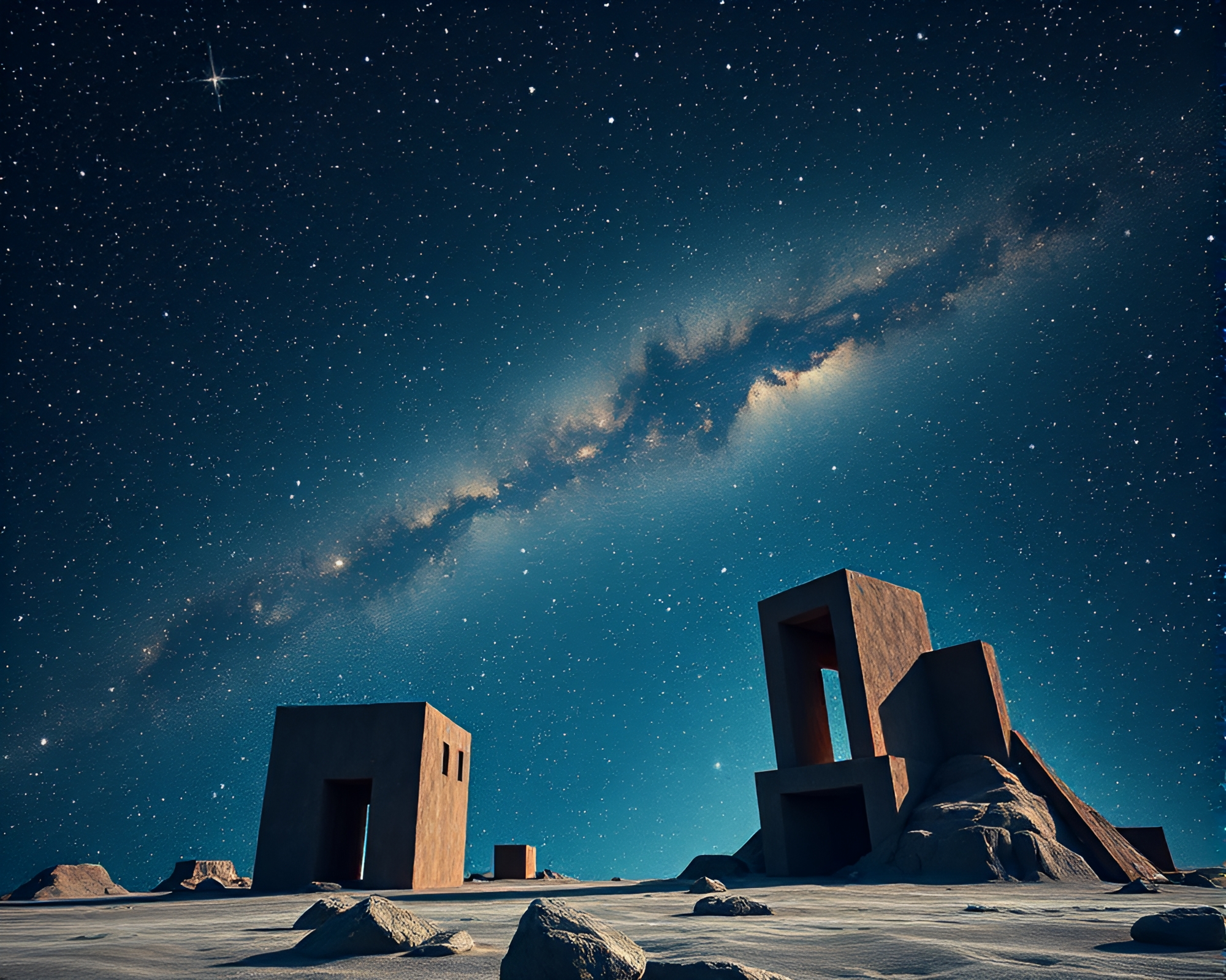 Surreal Cubist Architecture Amidst Infinite Starfield Cosmos – free AI stock image