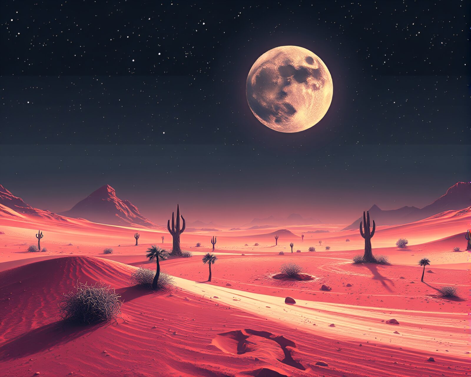 Surreal metallic sand dunes under glitch 8-bit skies