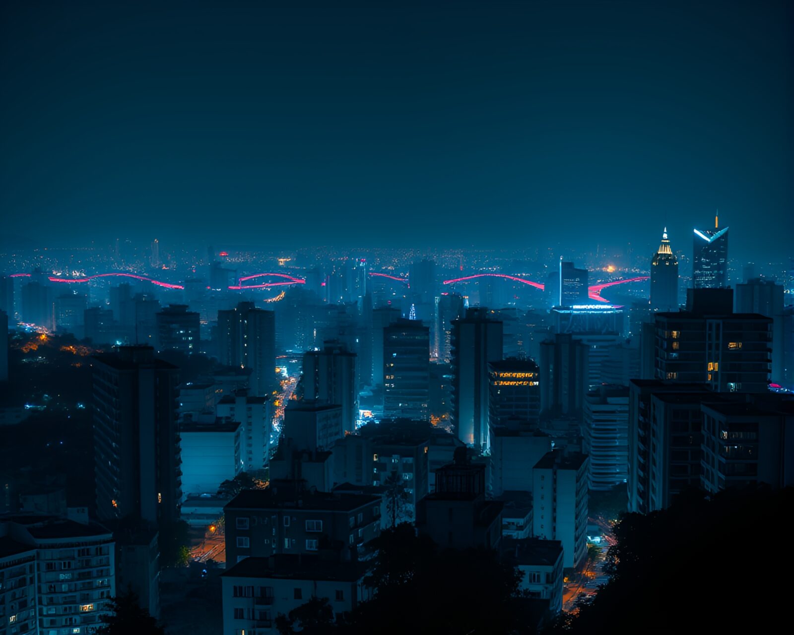 Tranquil urban night scene with bioluminescent lights illuminating buildings