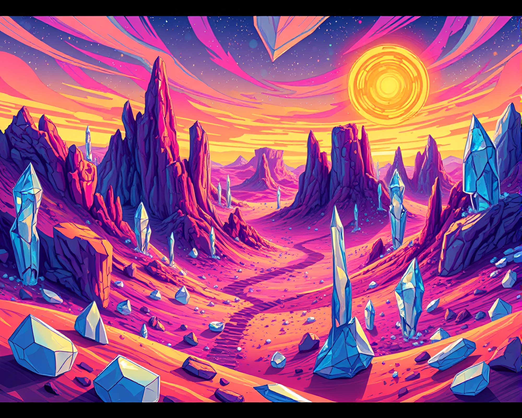 Vibrant Desert Crystal Landscape with Glowing Colors – free AI stock image