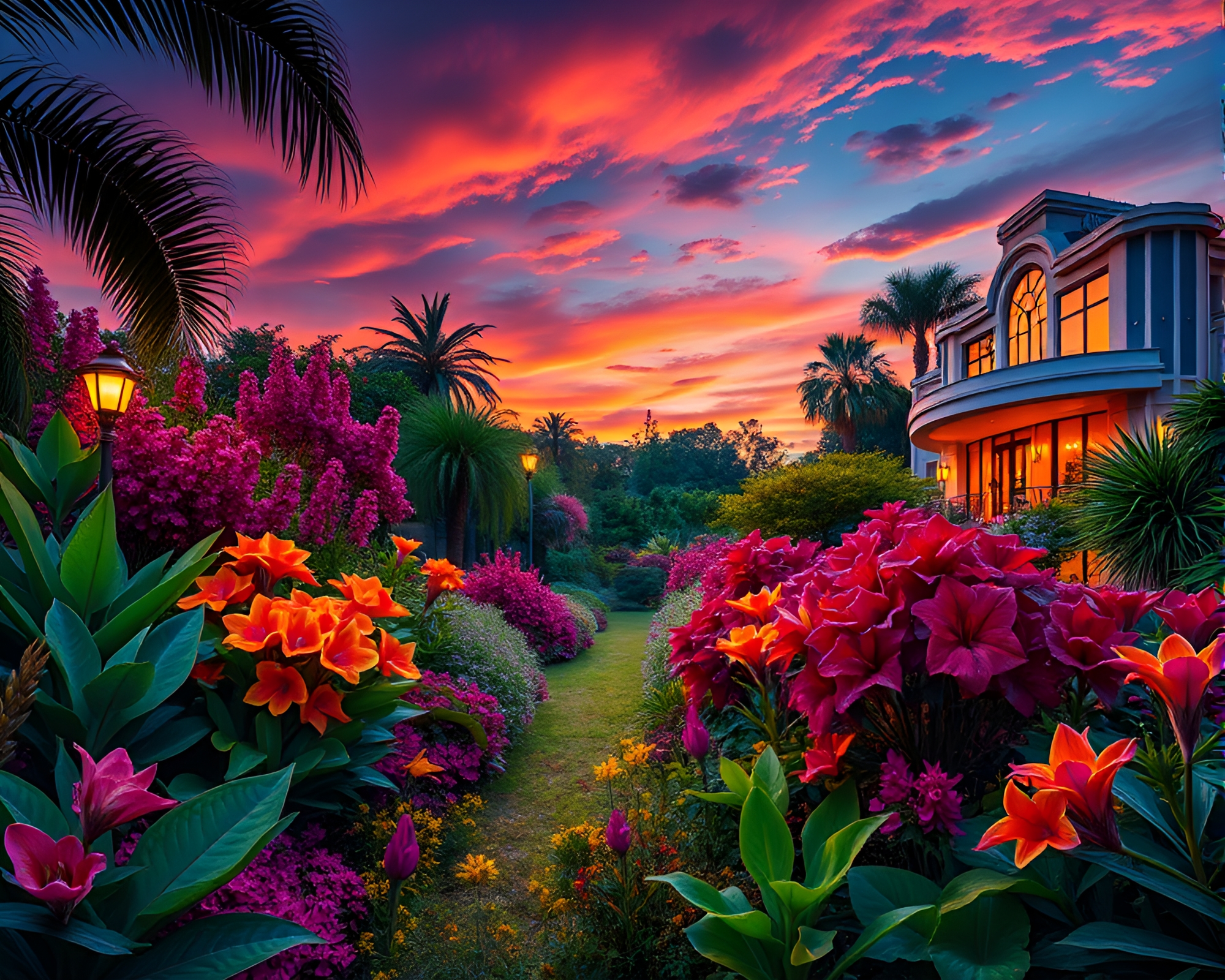 Enchanting Twilight Botanical Garden Amid Art Deco Architecture – free AI stock image