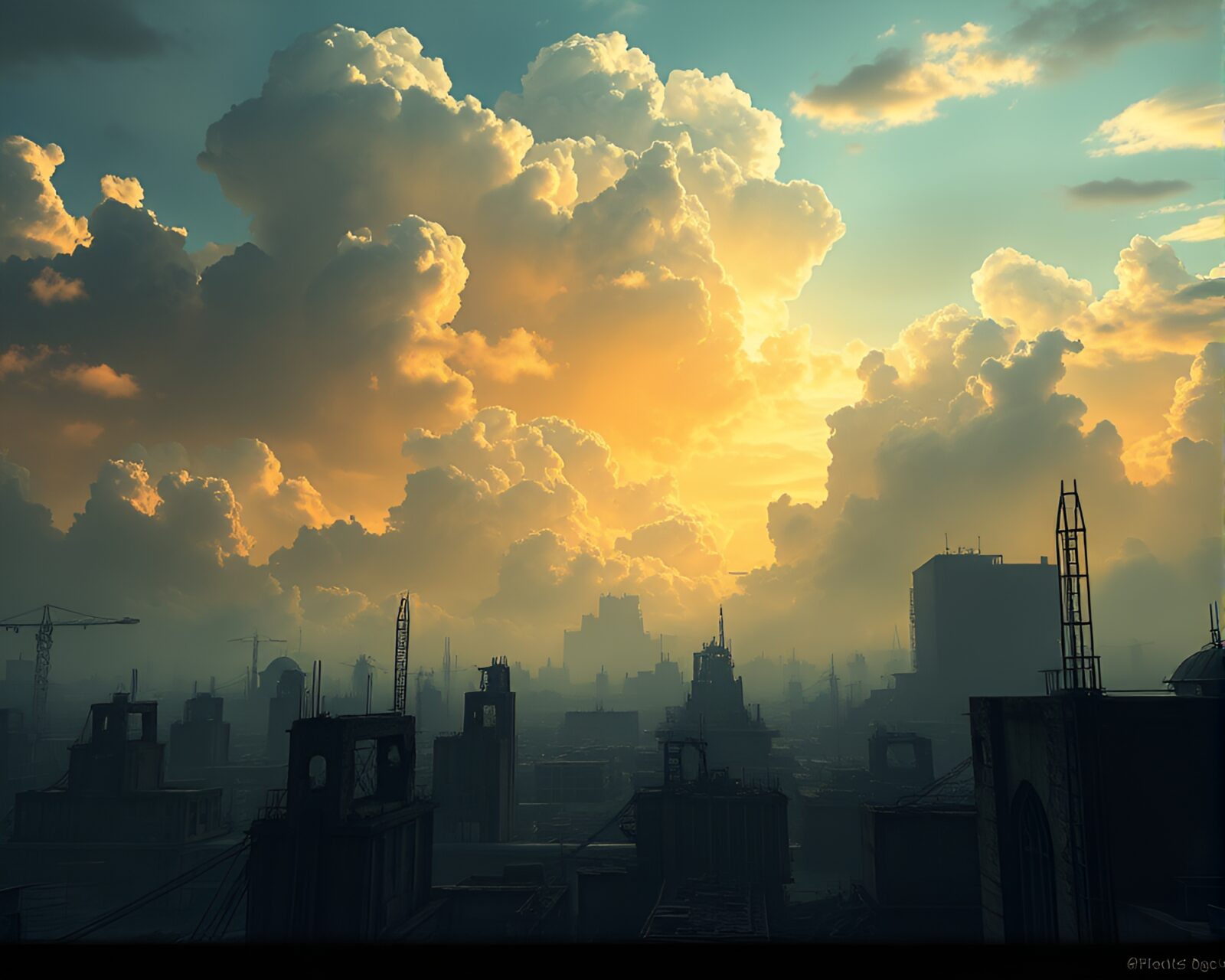 Haunting glow illuminates decaying city beneath vast cloudscape