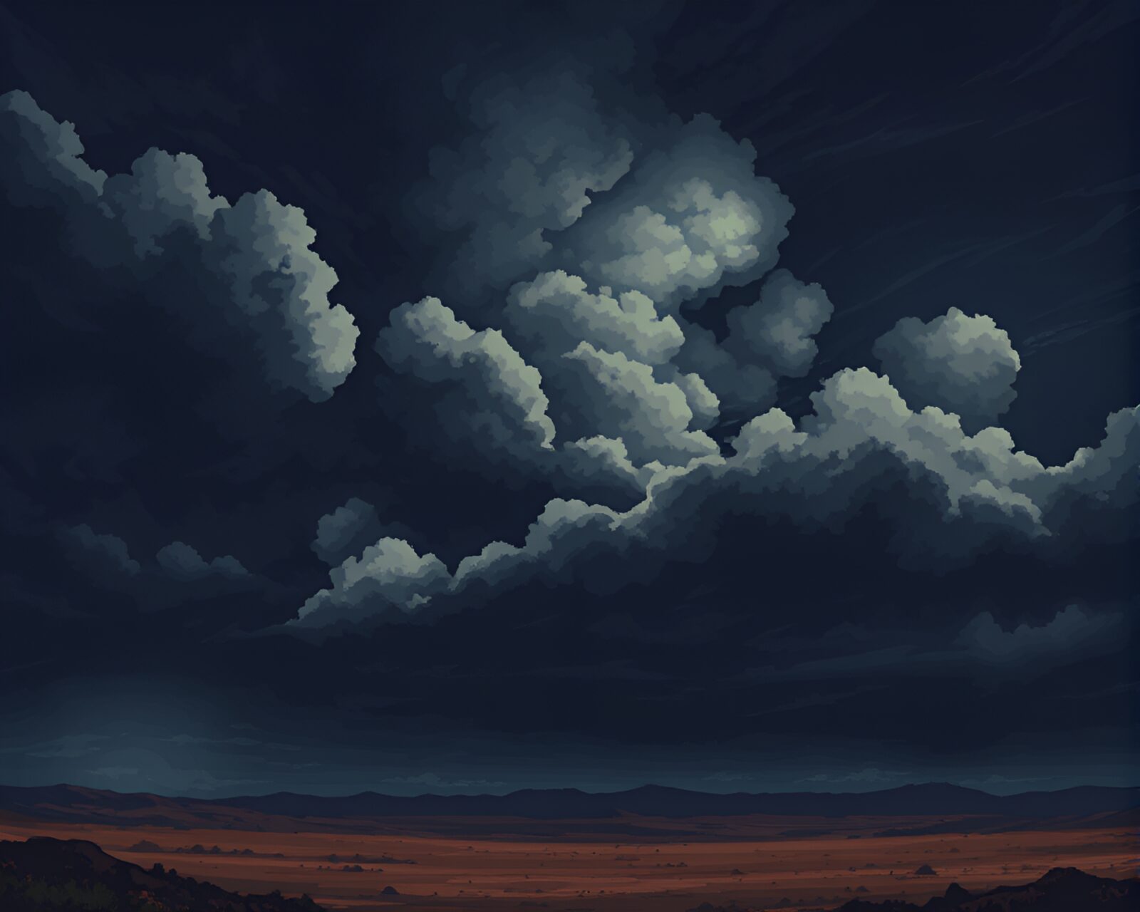 Dark and foreboding pixel art scene of iron-cloud sky
