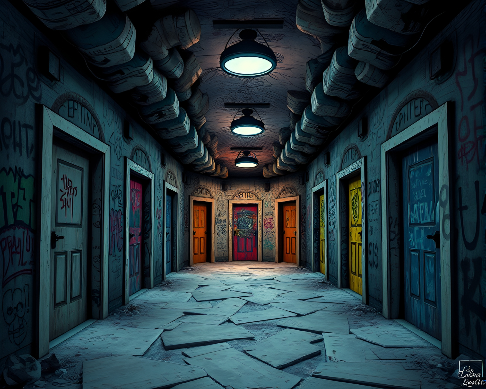 Intriguing Subterranean Labyrinth of Creative Doors and Graffiti Art – free AI stock image