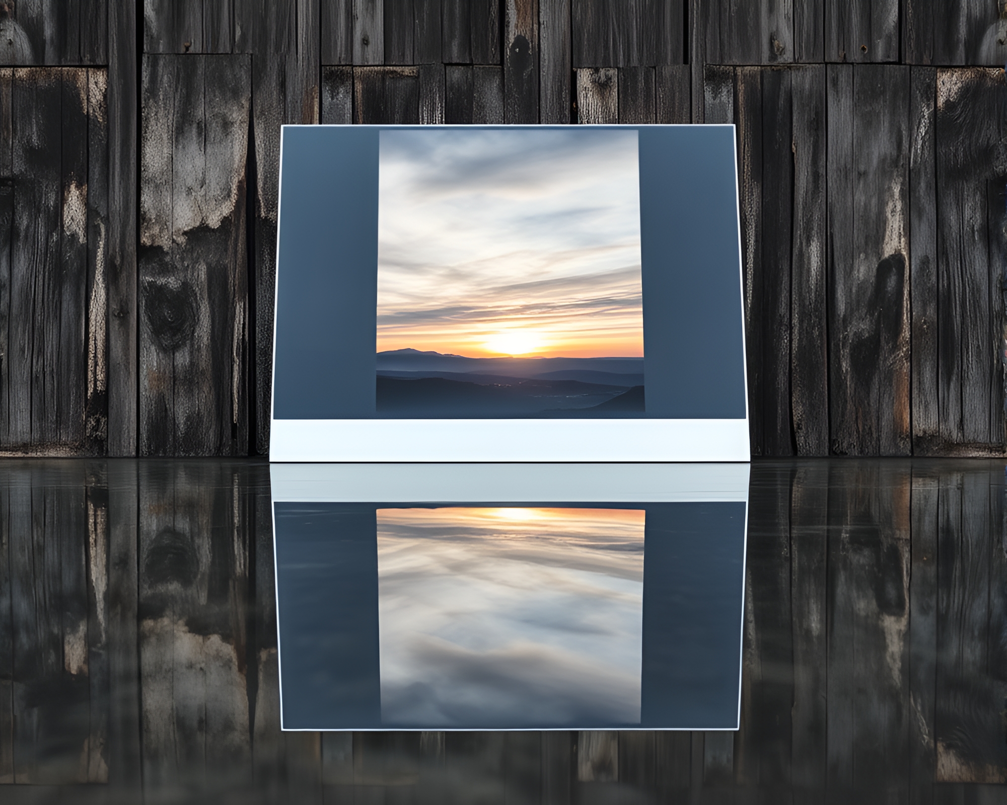 Mesmerizing Reflections: Contemporary Art Against Rustic Backdrop – free AI stock image