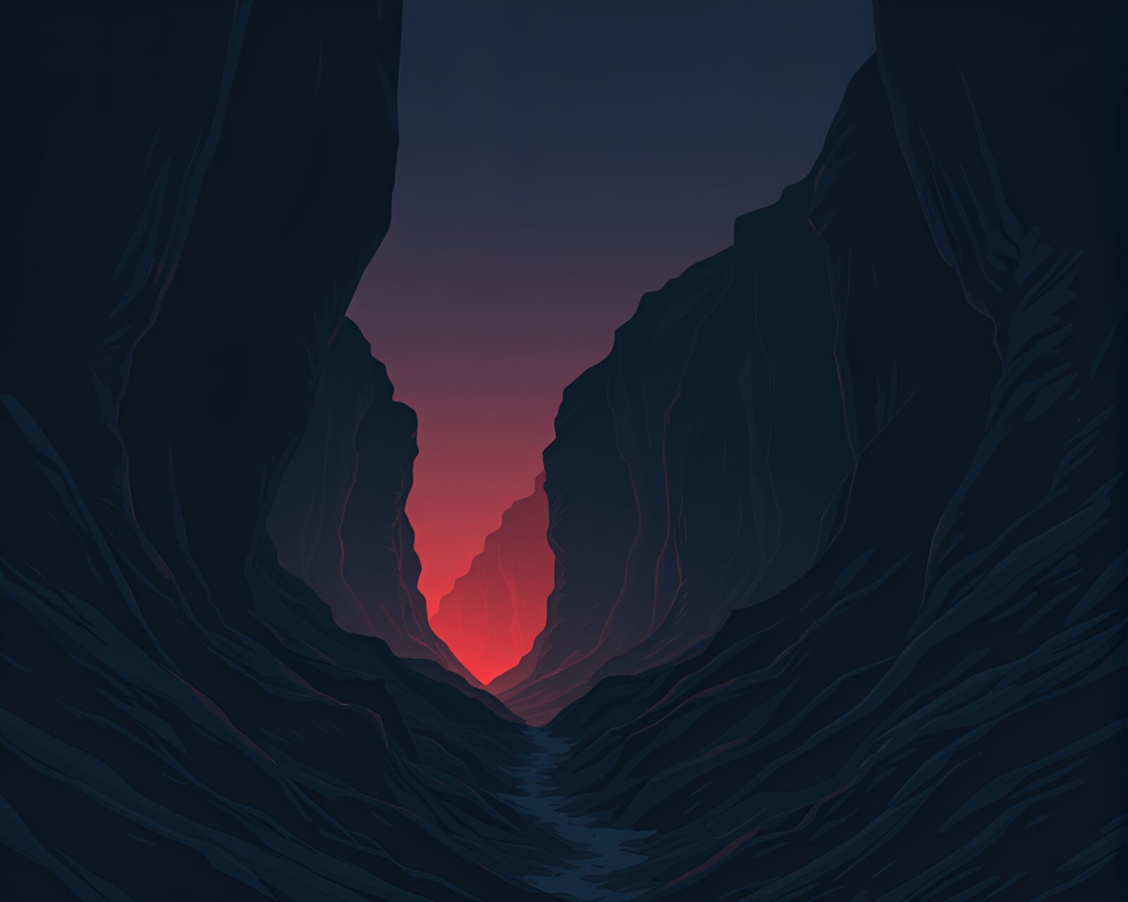 Dark, shadowy canyon with jagged obsidian rock formations