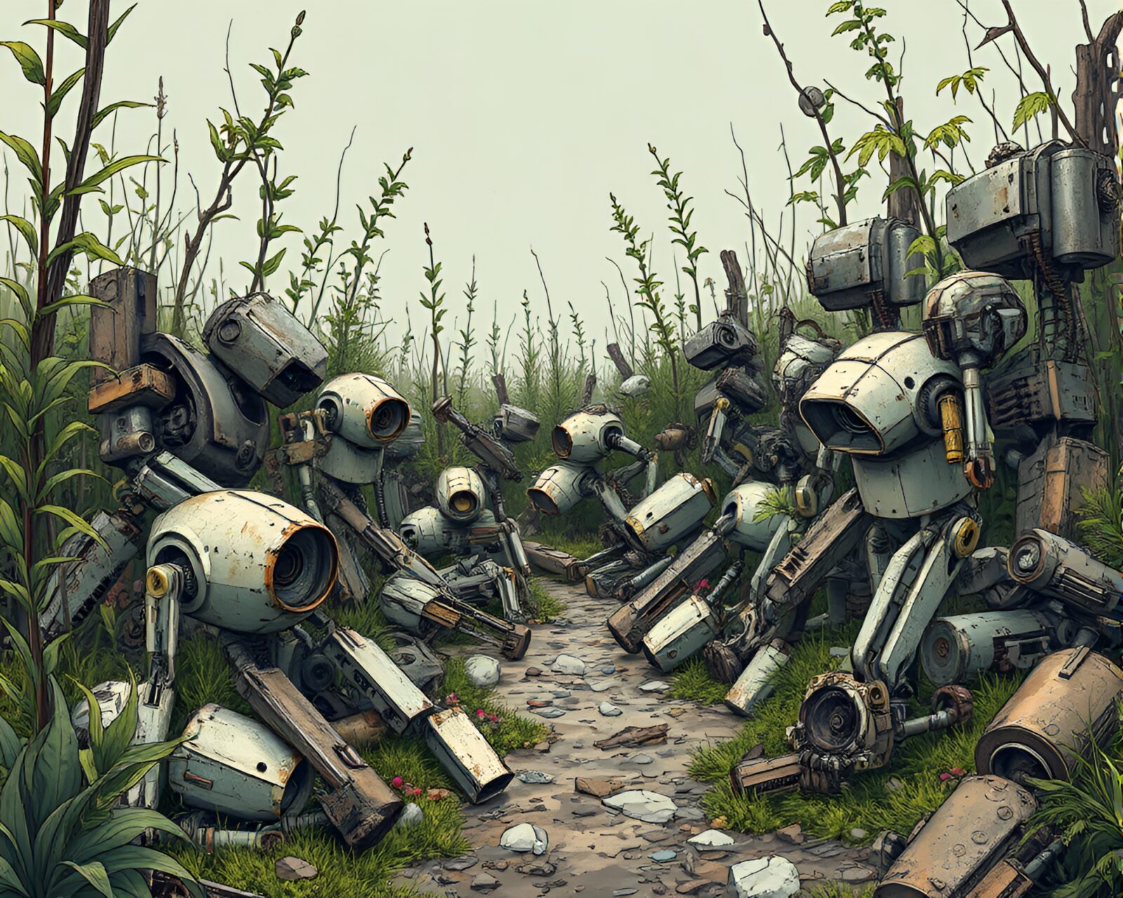 Muted and melancholic gouache painting of abandoned robot junkyard