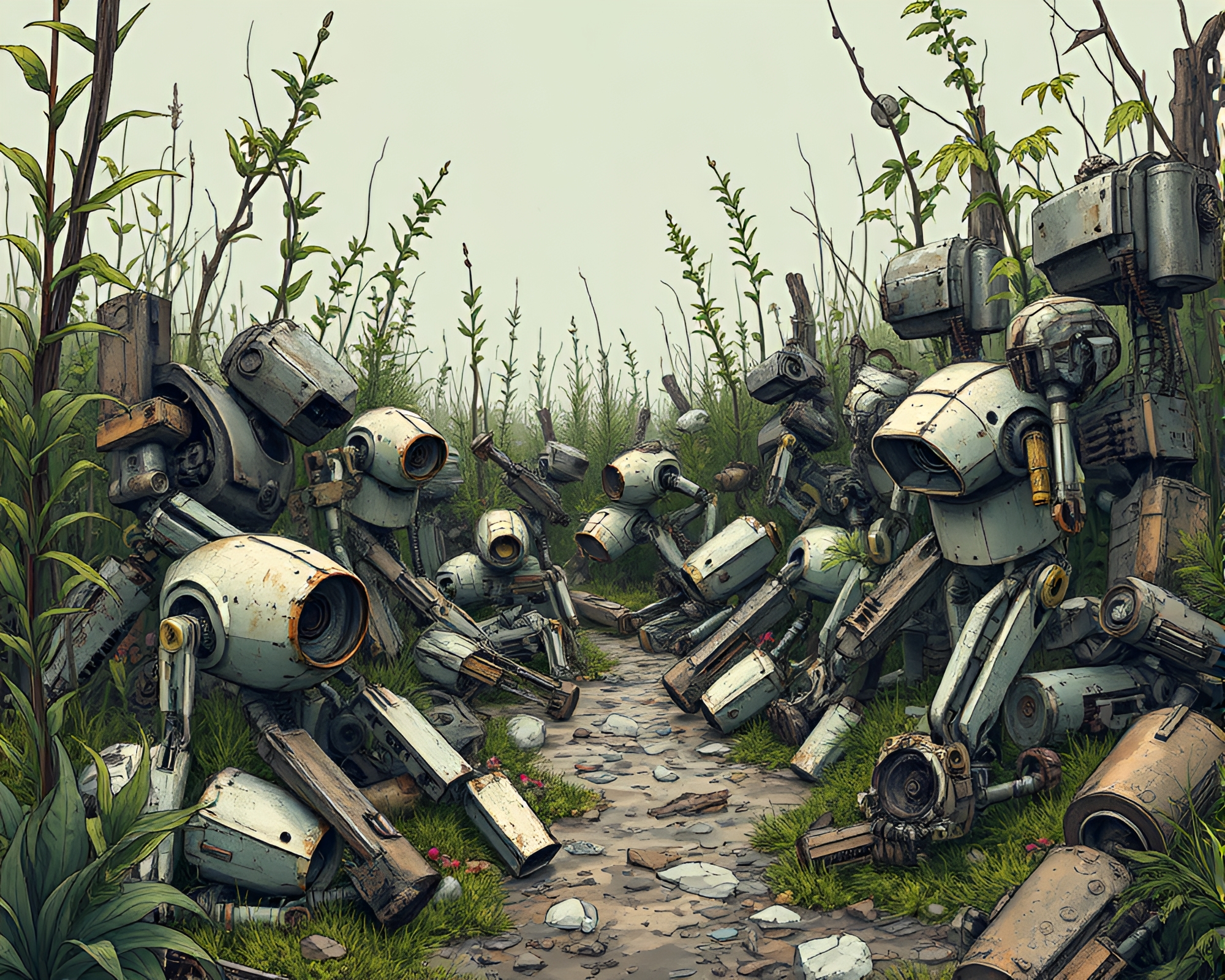 Desolate Junkyard: Robot Ruins in Gouache Illustration – free AI stock image