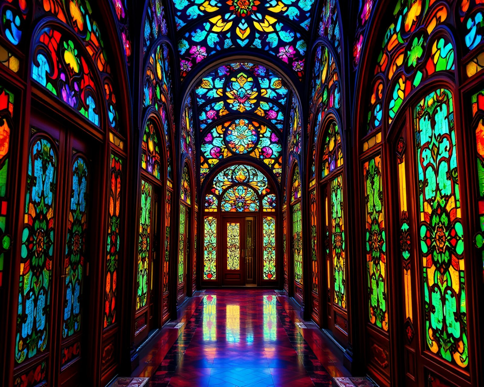 Colorful stained glass door labyrinth with intricate designs