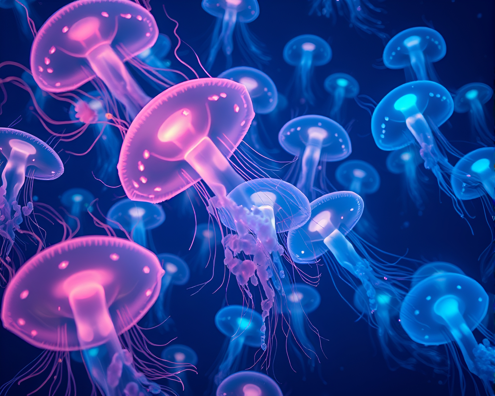 Luminescent Jellyfish Swarm in Vibrant Bioluminescence Underwater – free AI stock image