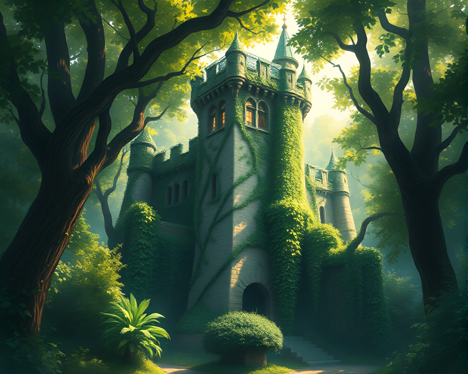 Enchanting fortress covered in ivy under forest canopy shadows