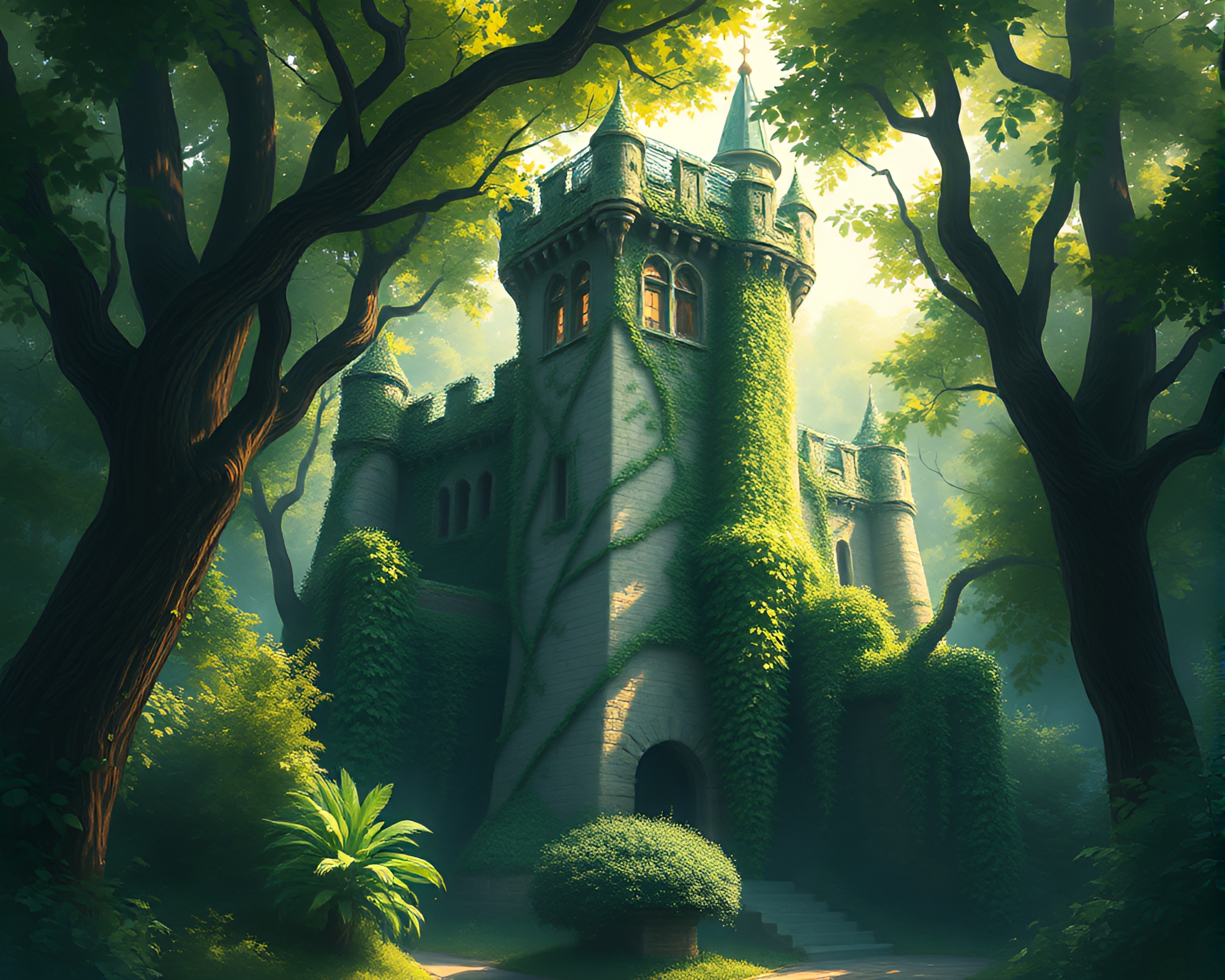Majestic Ivy-Entwined Fortress Amid Verdant Forest – free AI stock image