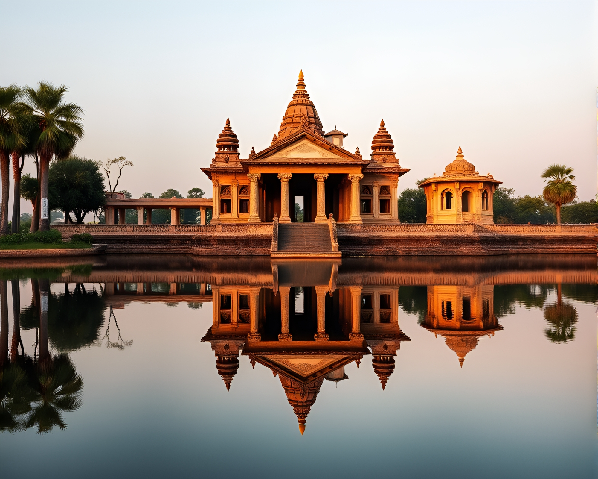 Tranquil Ancient Temple Reflecting in Mirrored Horizon – free AI stock image
