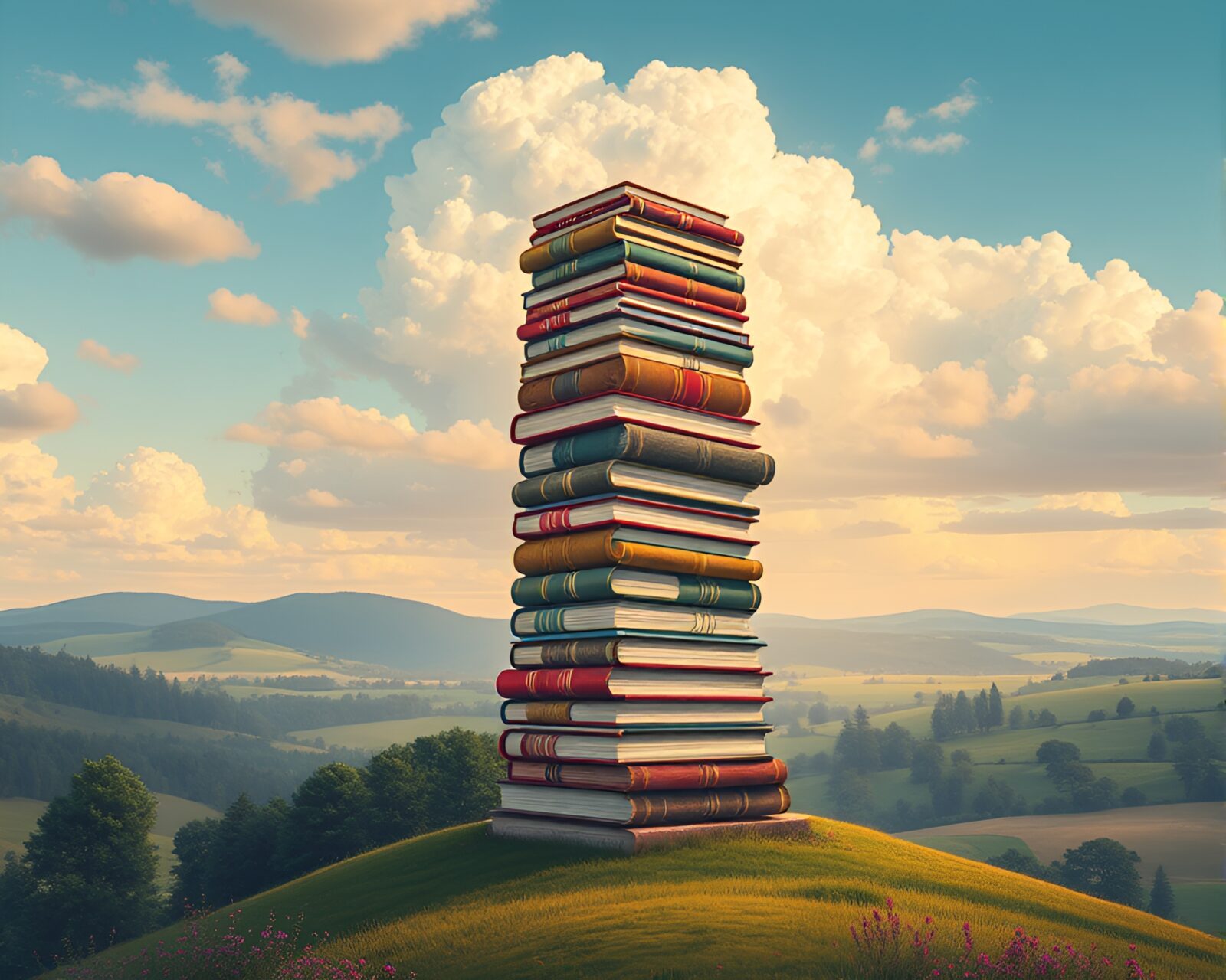 Intricate art deco tower made of suspended books outdoors