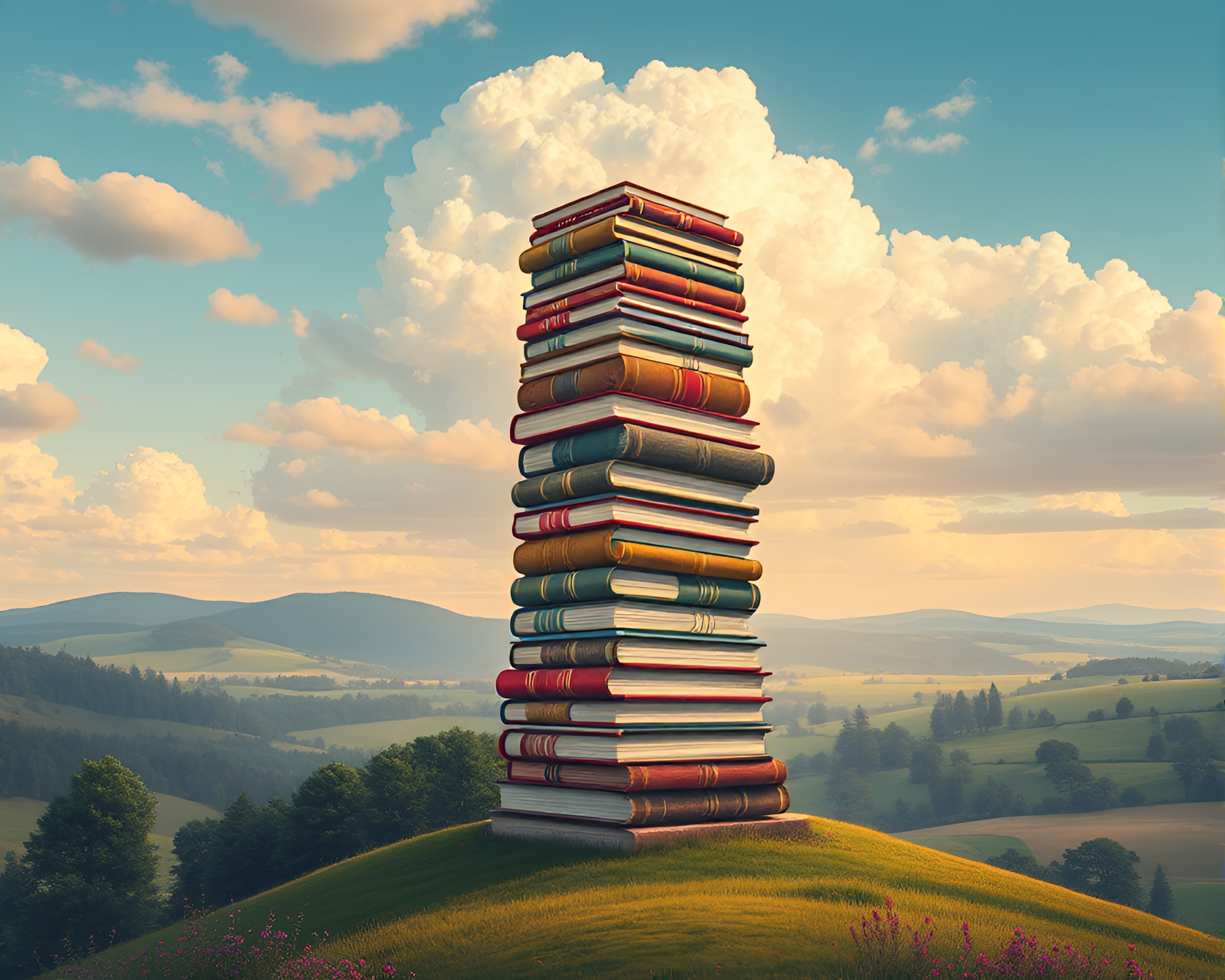 Majestic Book Tower Against Scenic Nature Background – free AI stock image