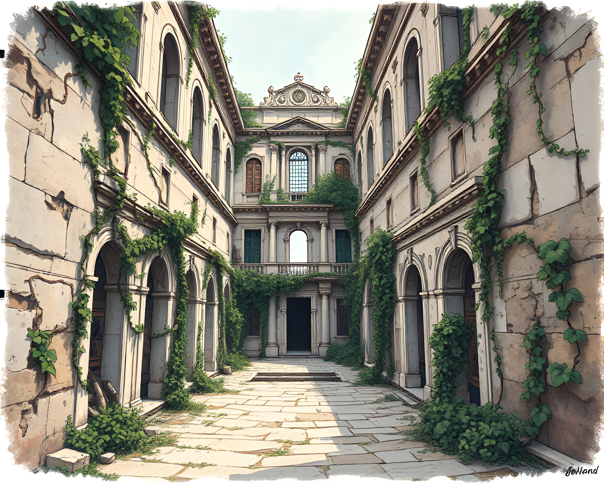 Elegant Marble Palace in Ruins Overgrown with Vines – free AI stock image