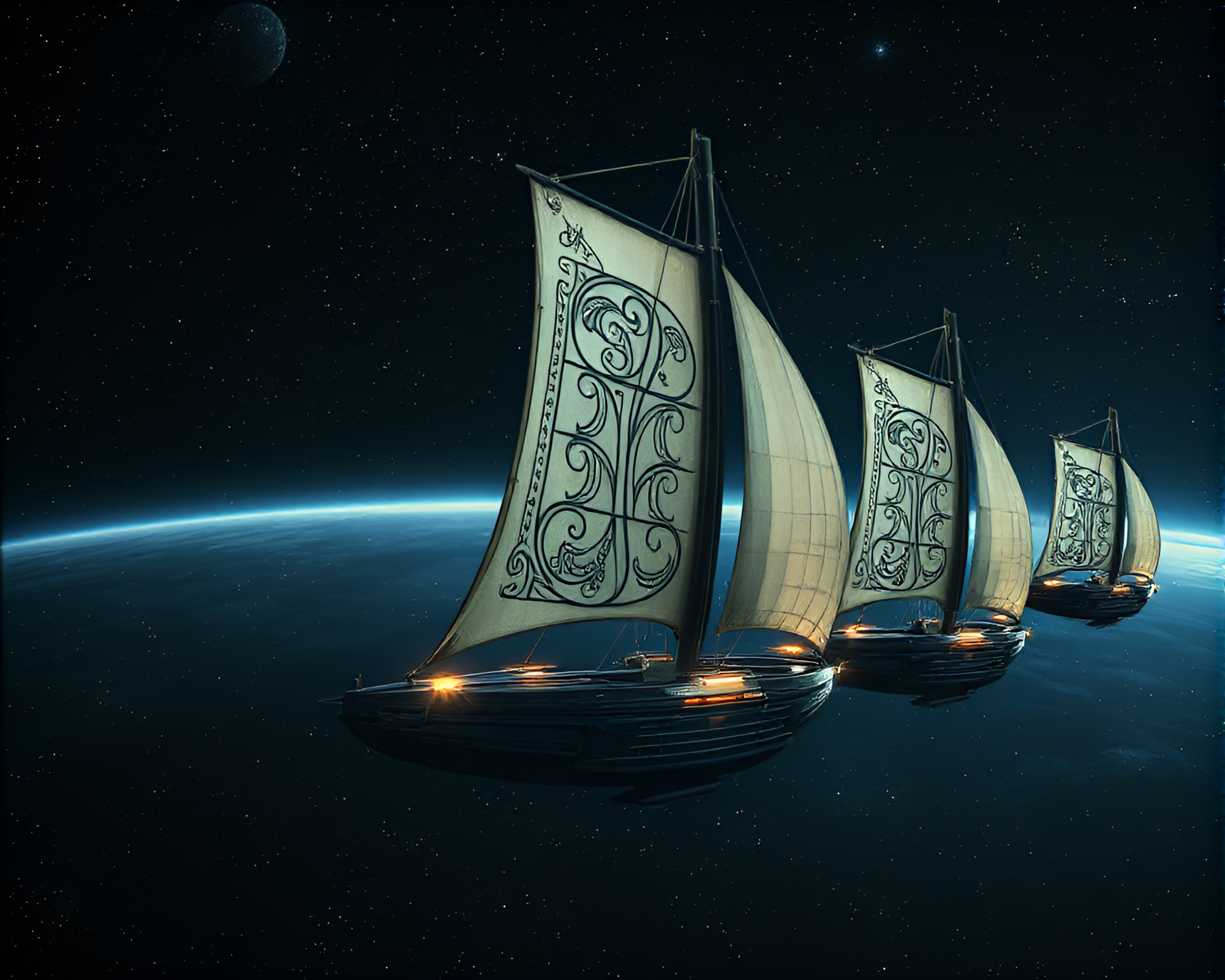 Sleek Solar Sail Ships in Deep Space Noir – free AI stock image