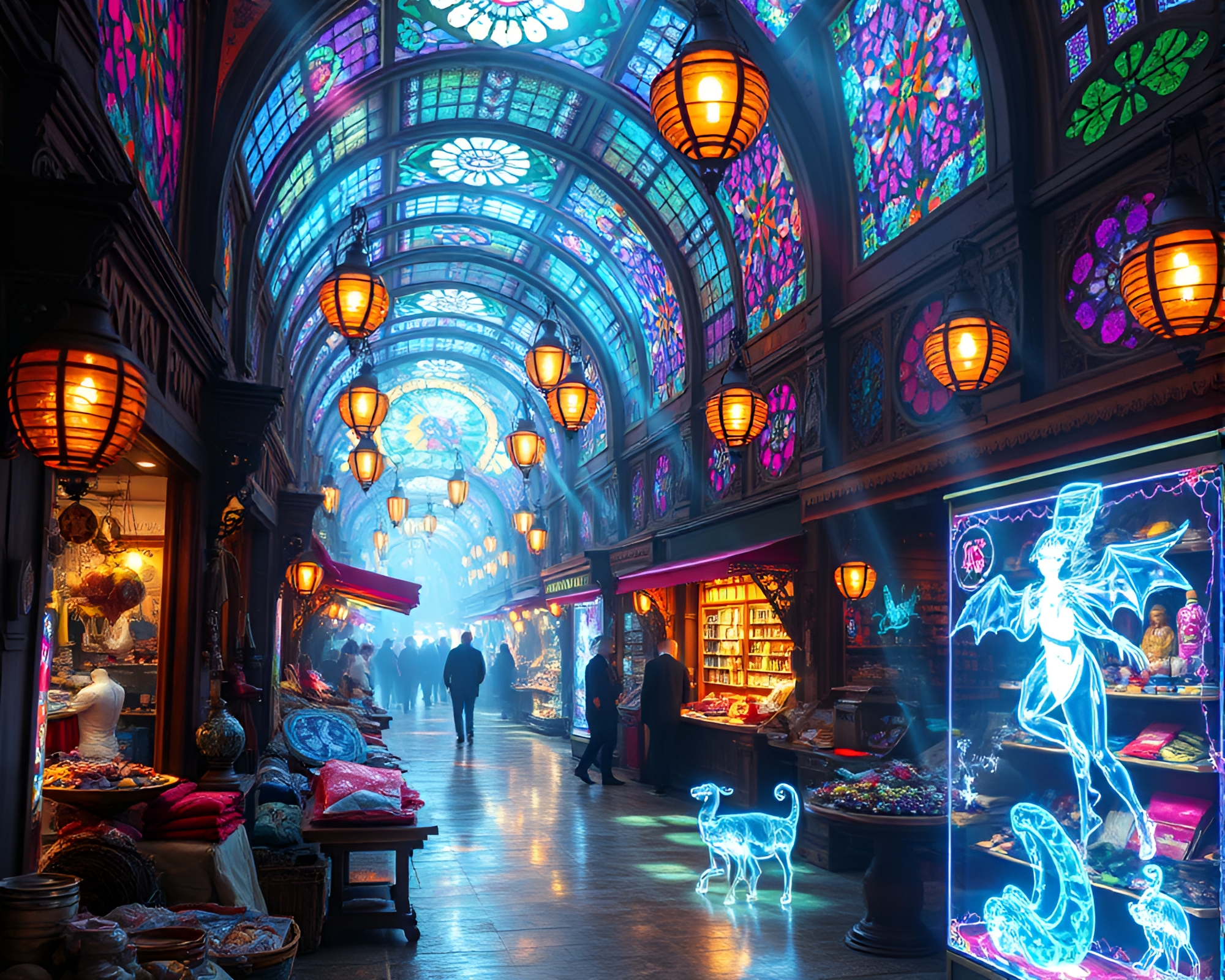 Stunning Holographic Bazaar Beneath Electrifying Stained Glass – free AI stock image