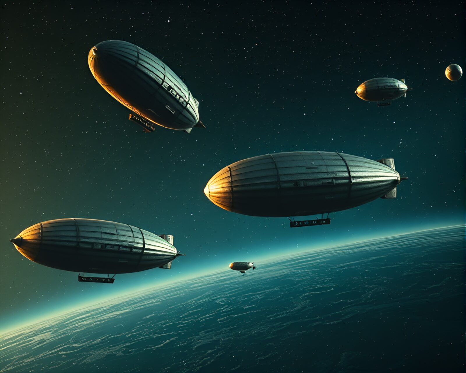 Abandoned zeppelins in vast, celestial graveyard drift aimlessly