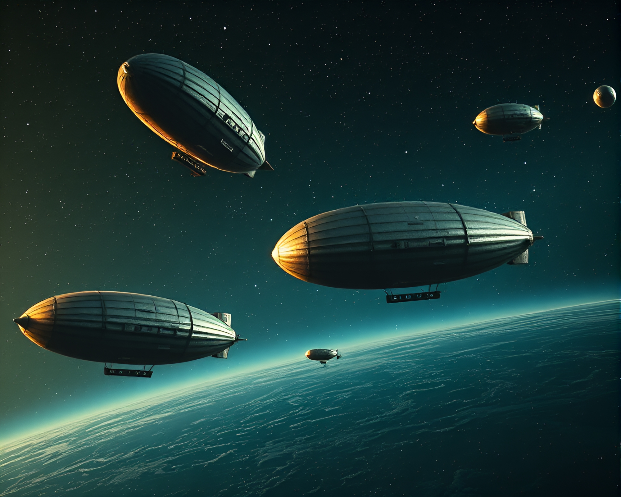 Ethereal Cosmic Graveyard: Decaying Zeppelins Lost in Space – free AI stock image