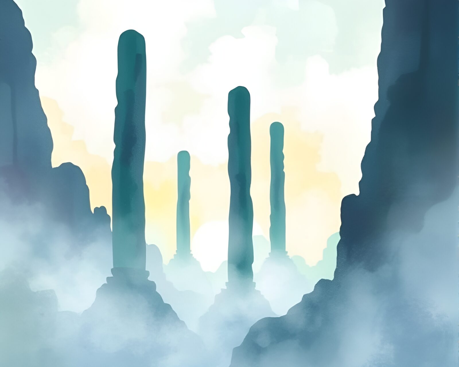 Mystical scene of ancient pillars in vibrant watercolor art