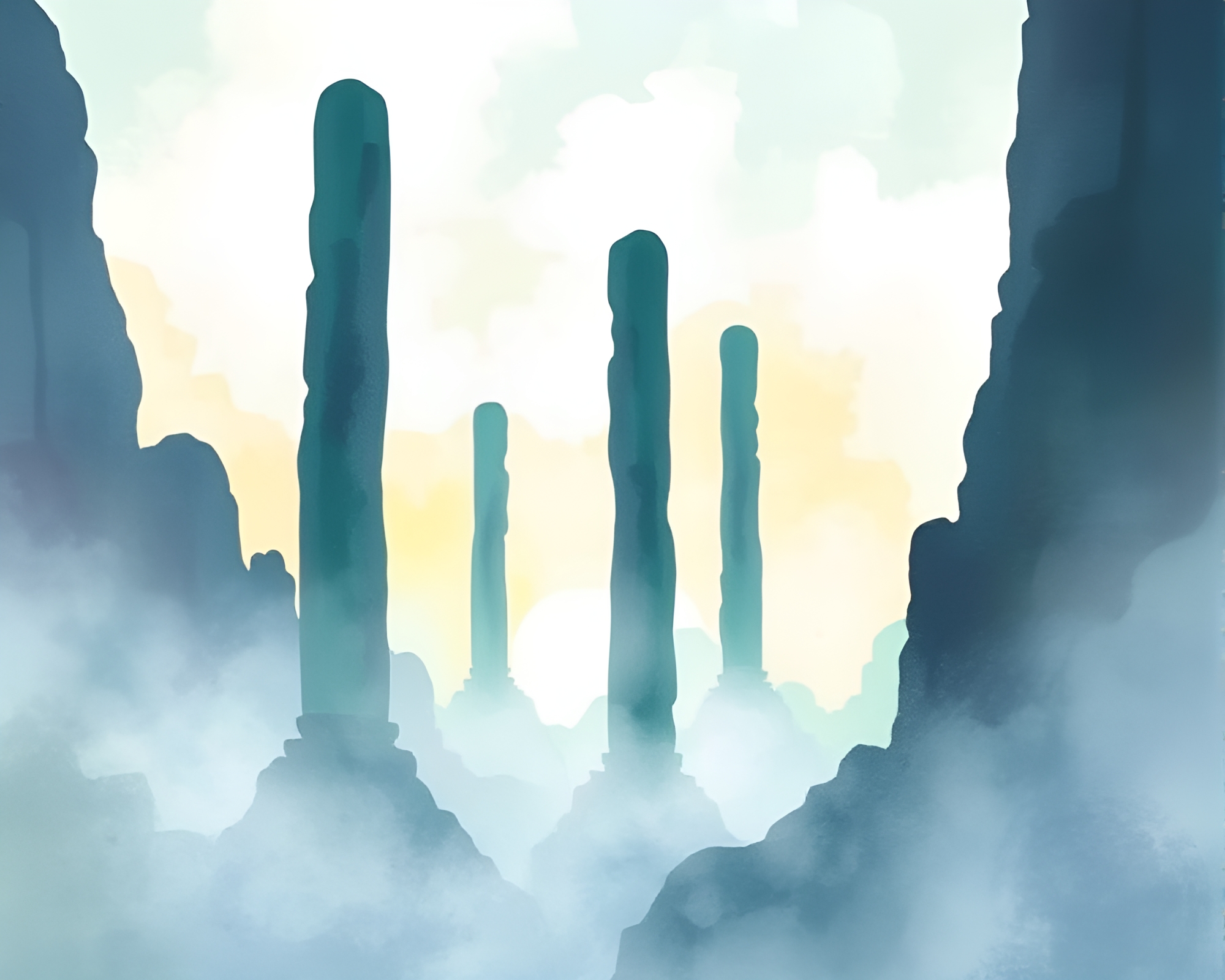 Ethereal Watercolor Landscape with Suspended Monolithic Pillars – free AI stock image