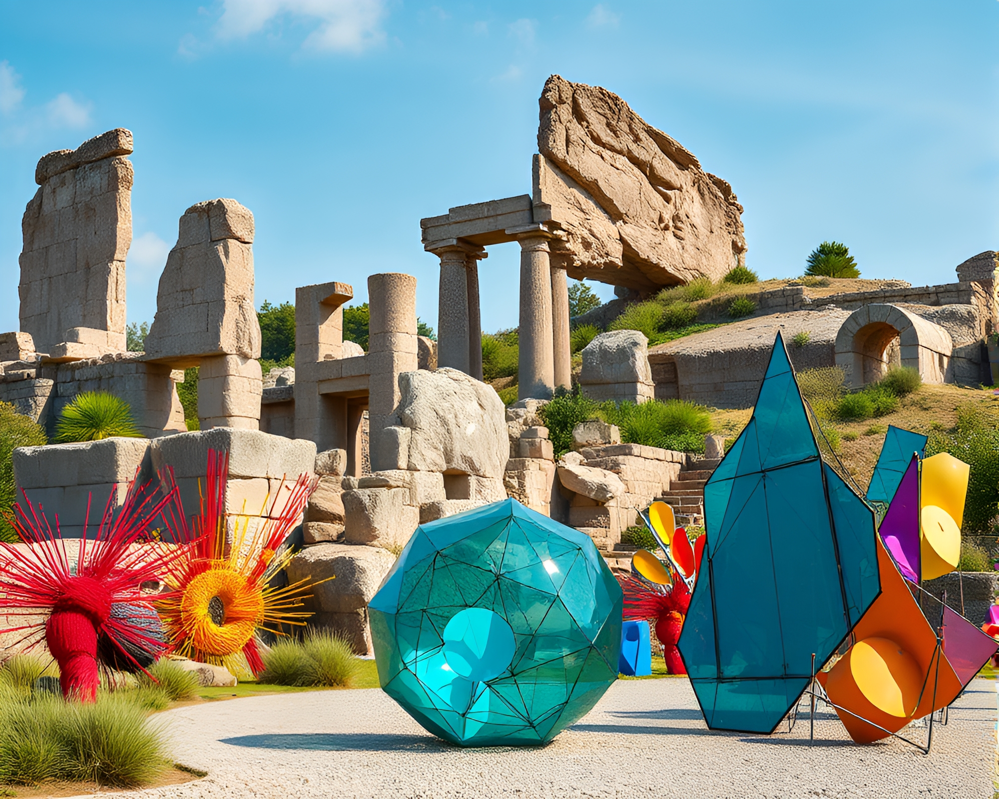 Twilight Glow: Ancient Ruins and Modern Art Juxtaposition – free AI stock image