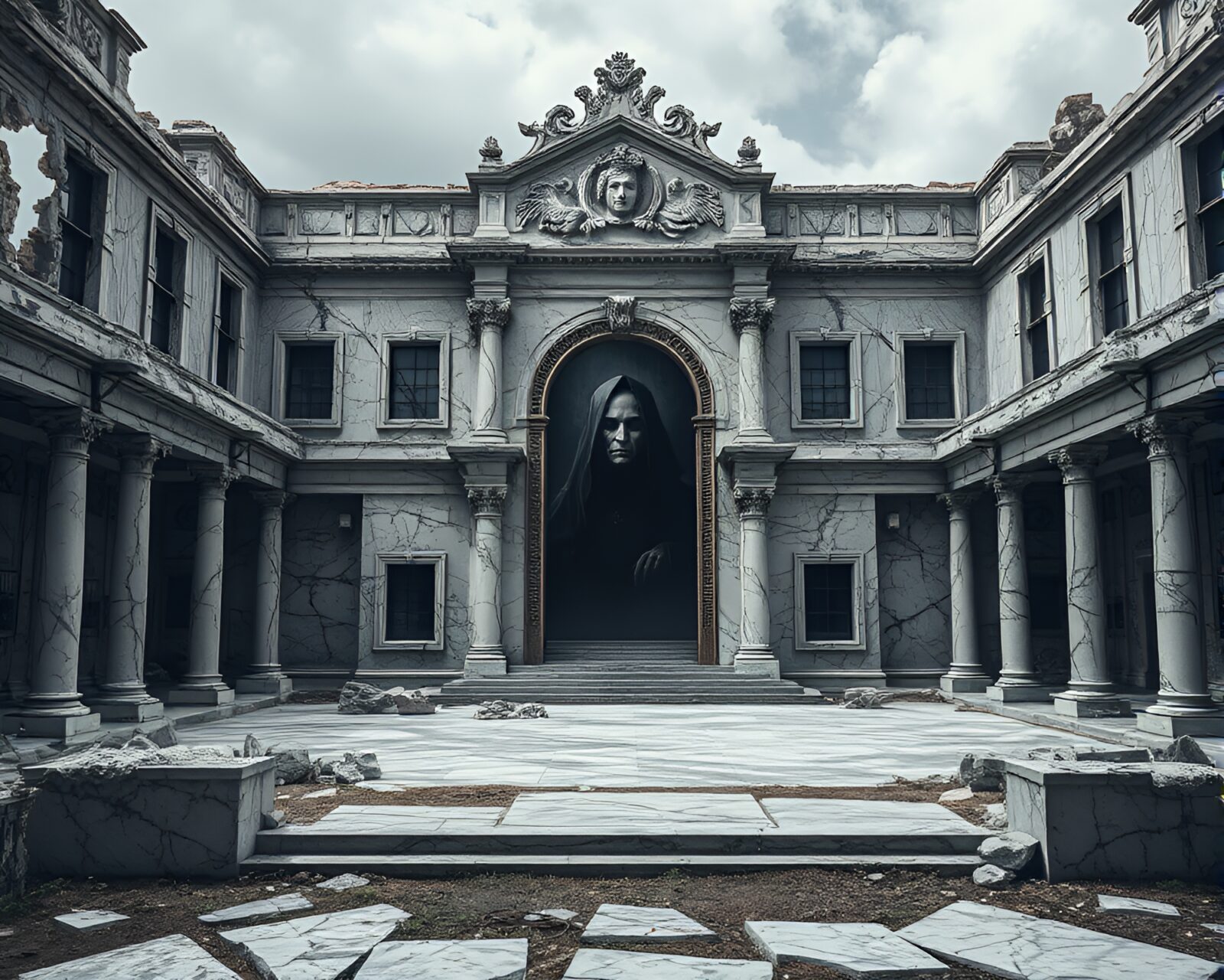 Haunting scene of grand ancient palace with ominous figure.