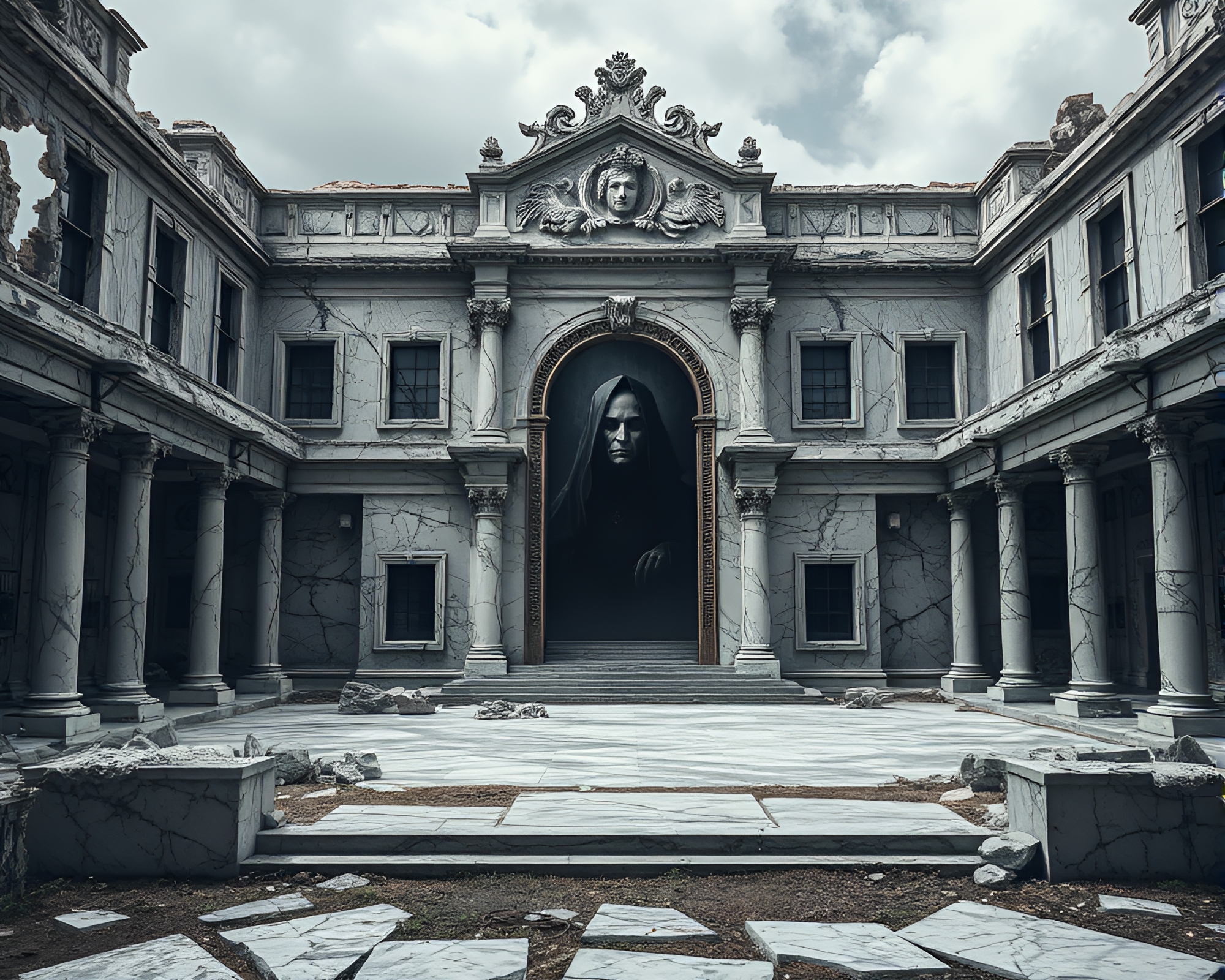 Eerie Ruins: Decaying Marble Palace and Mysterious Portrait – free AI stock image