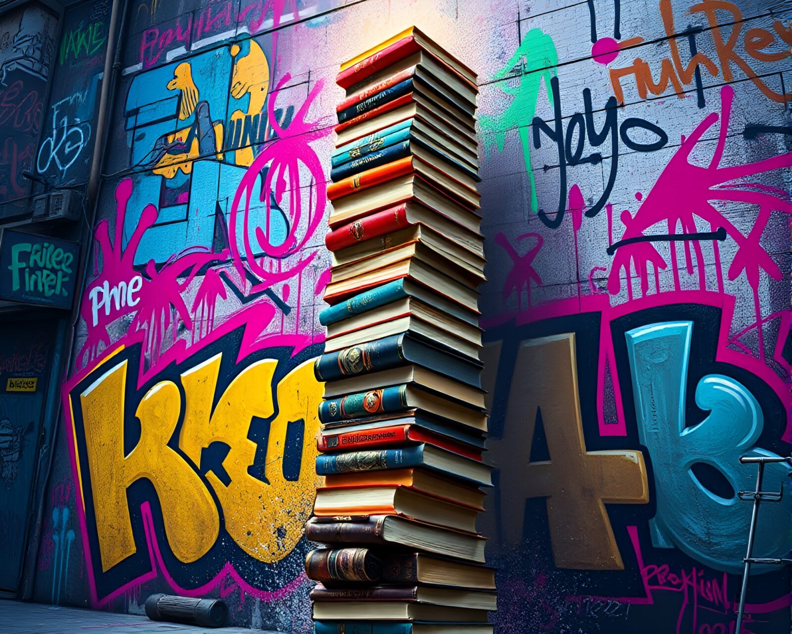 Vibrant neon graffiti backdrop with floating books sculpture