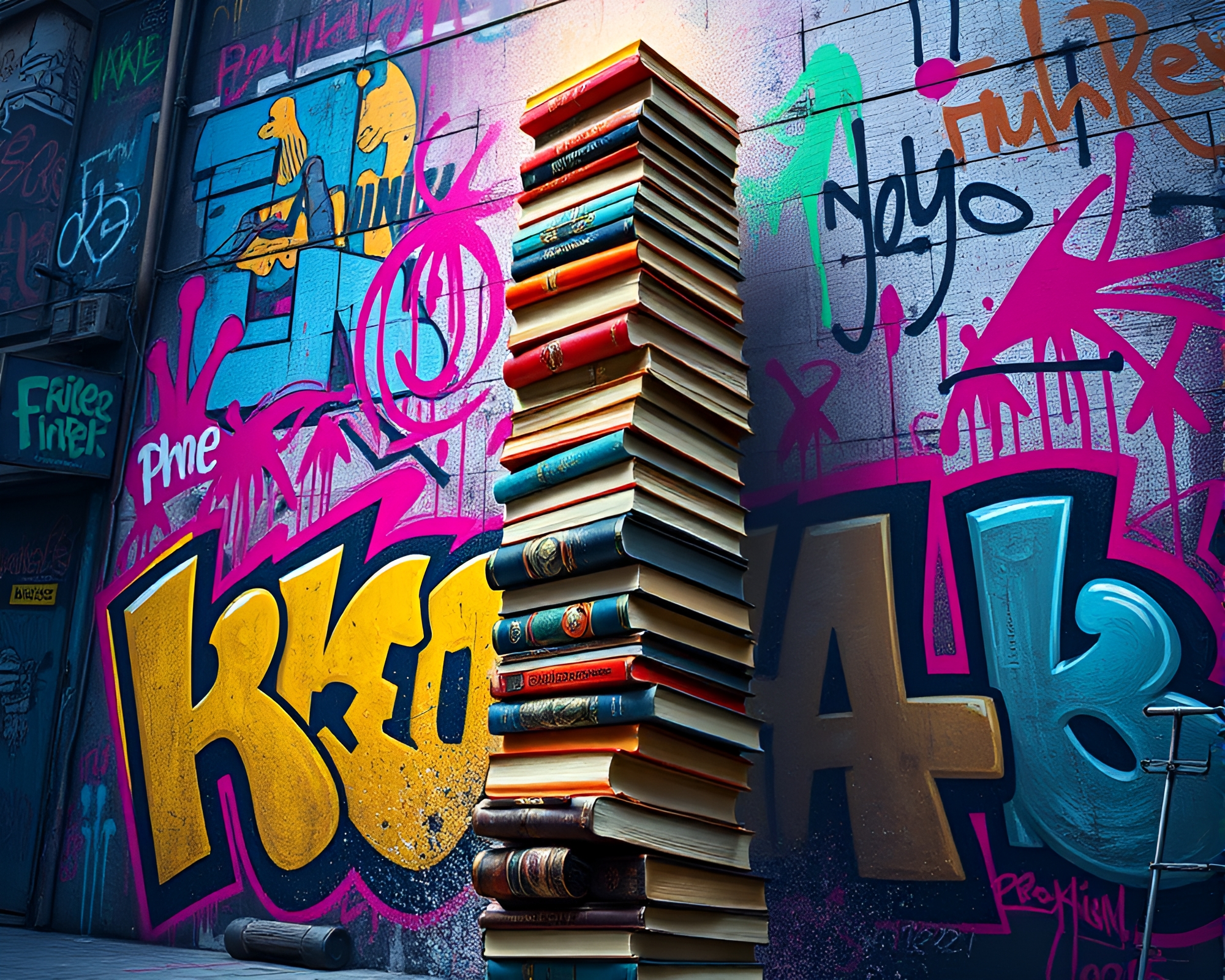 Surreal Book Tower Defying Gravity in Urban Chaos – free AI stock image
