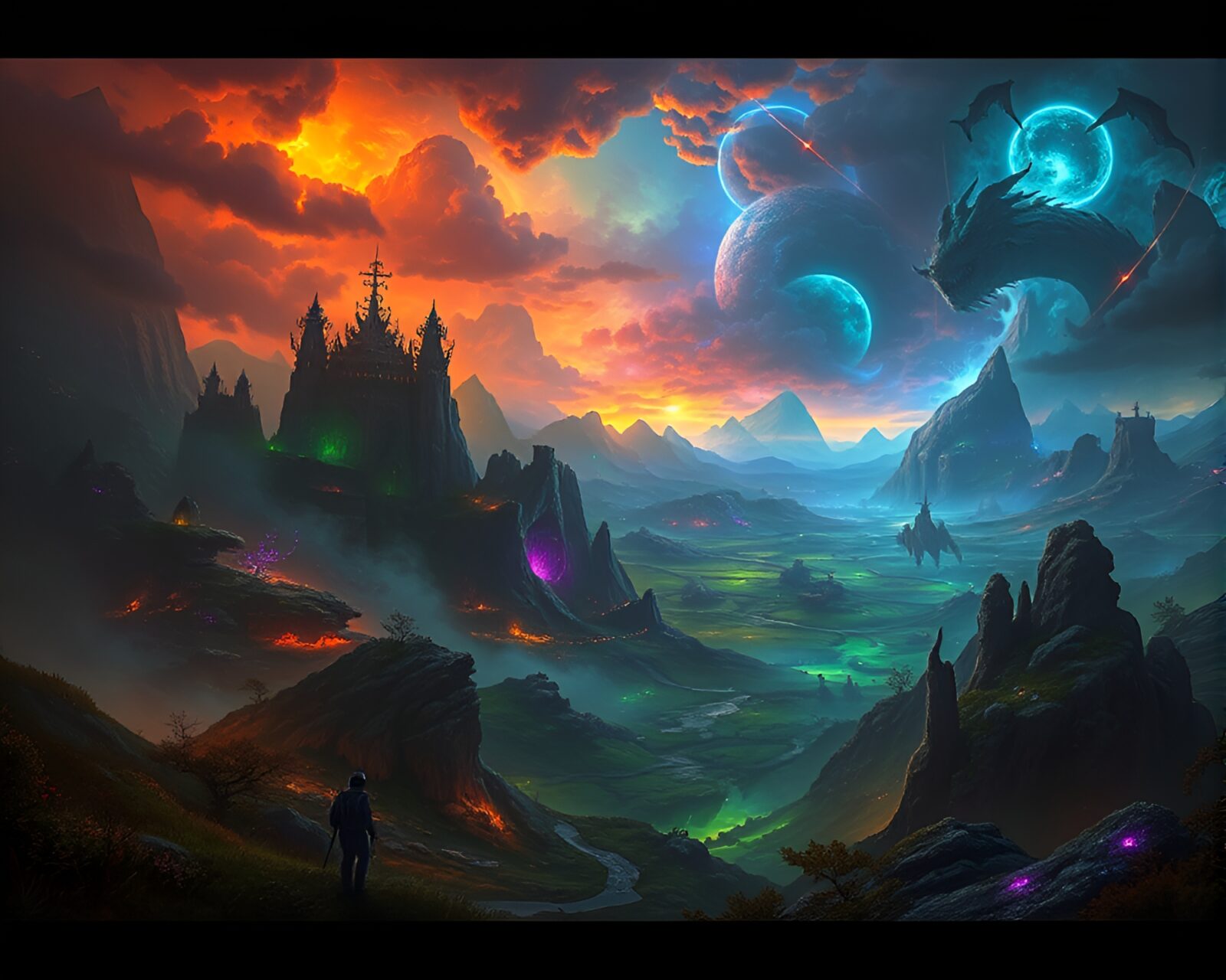Vibrant and atmospheric landscape with mystical beings hidden in shadows