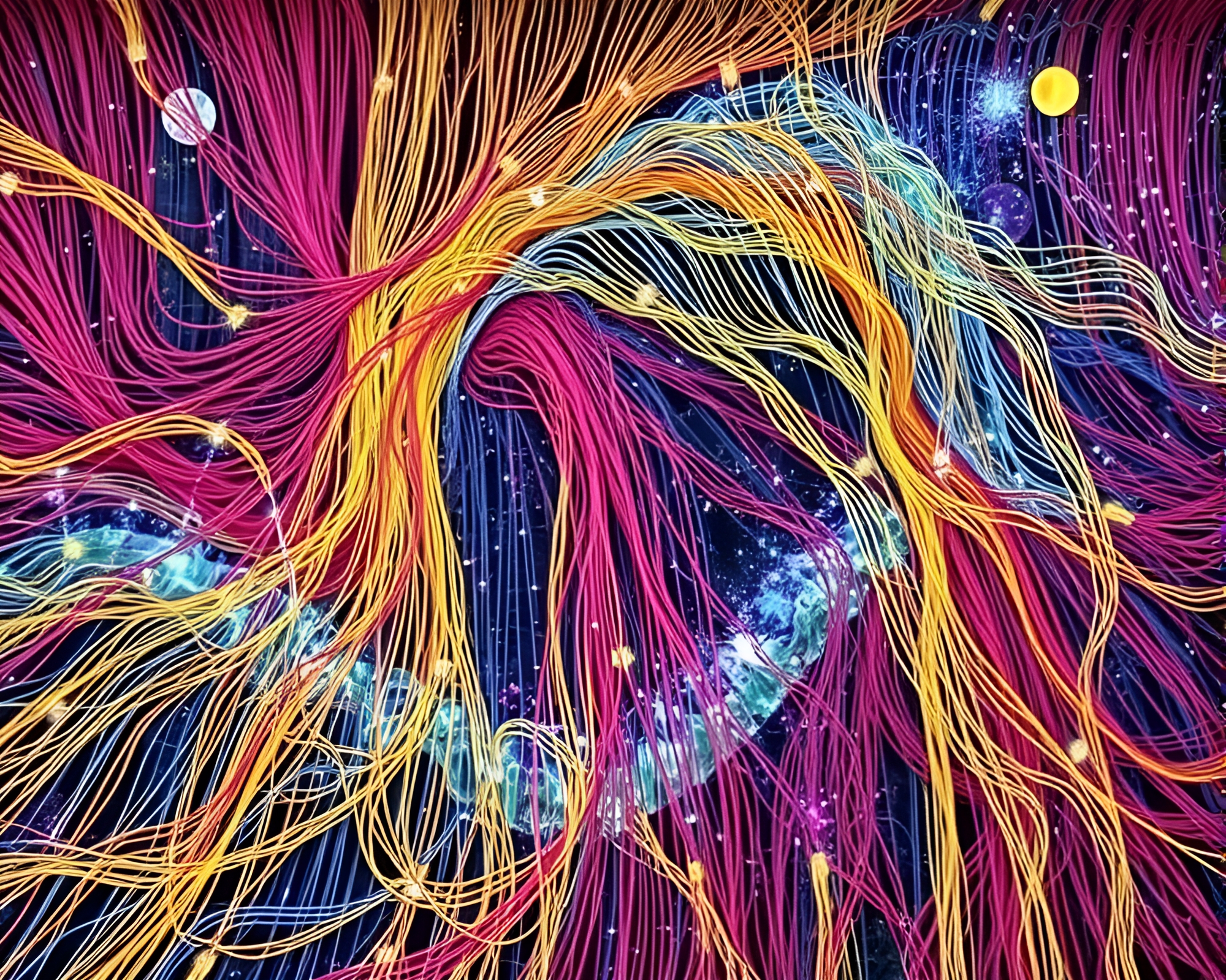 Intricate Cosmic String Tapestry with Swirling Patterns – free AI stock image