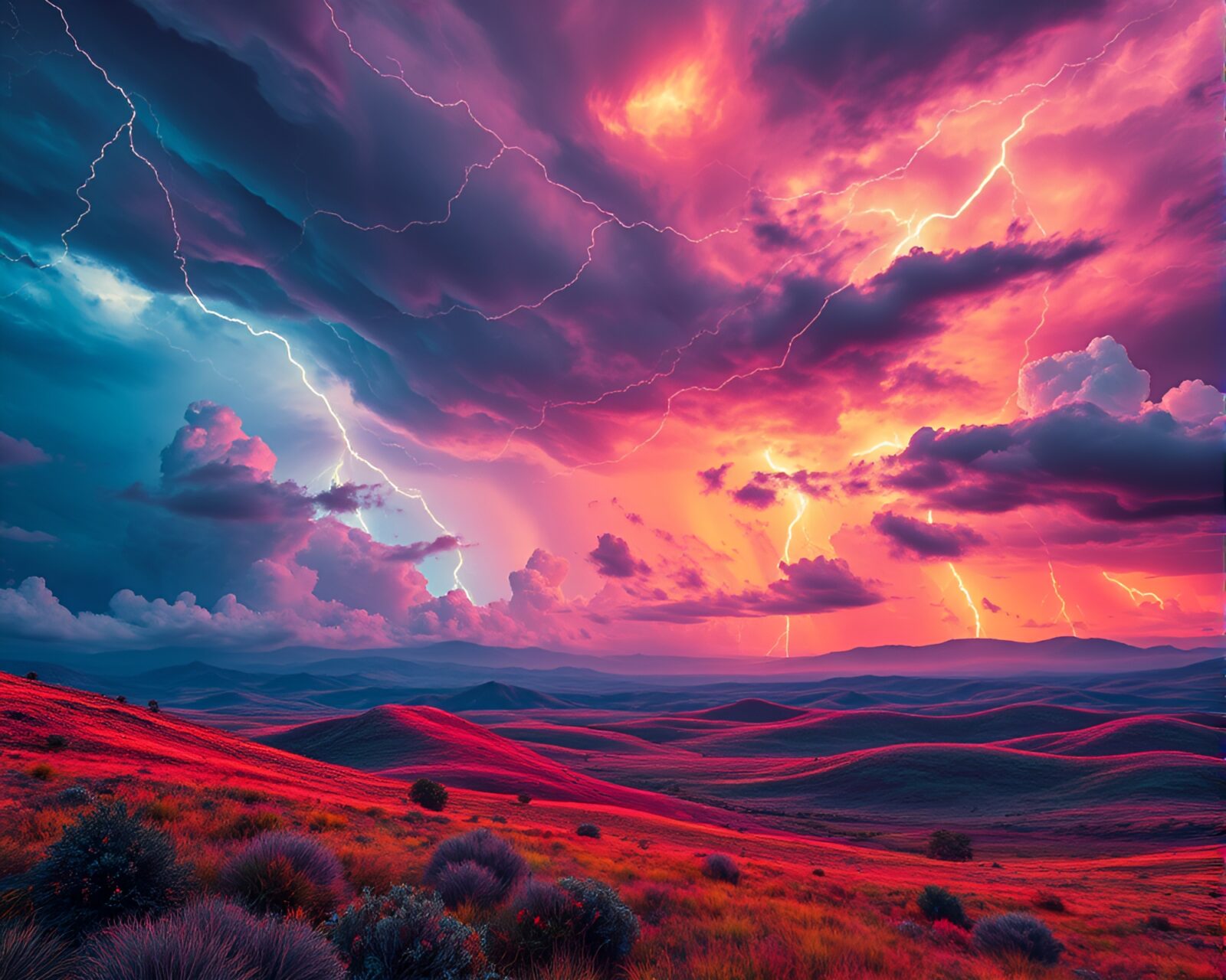 Colorful scene with lightning and ominous clouds in distance