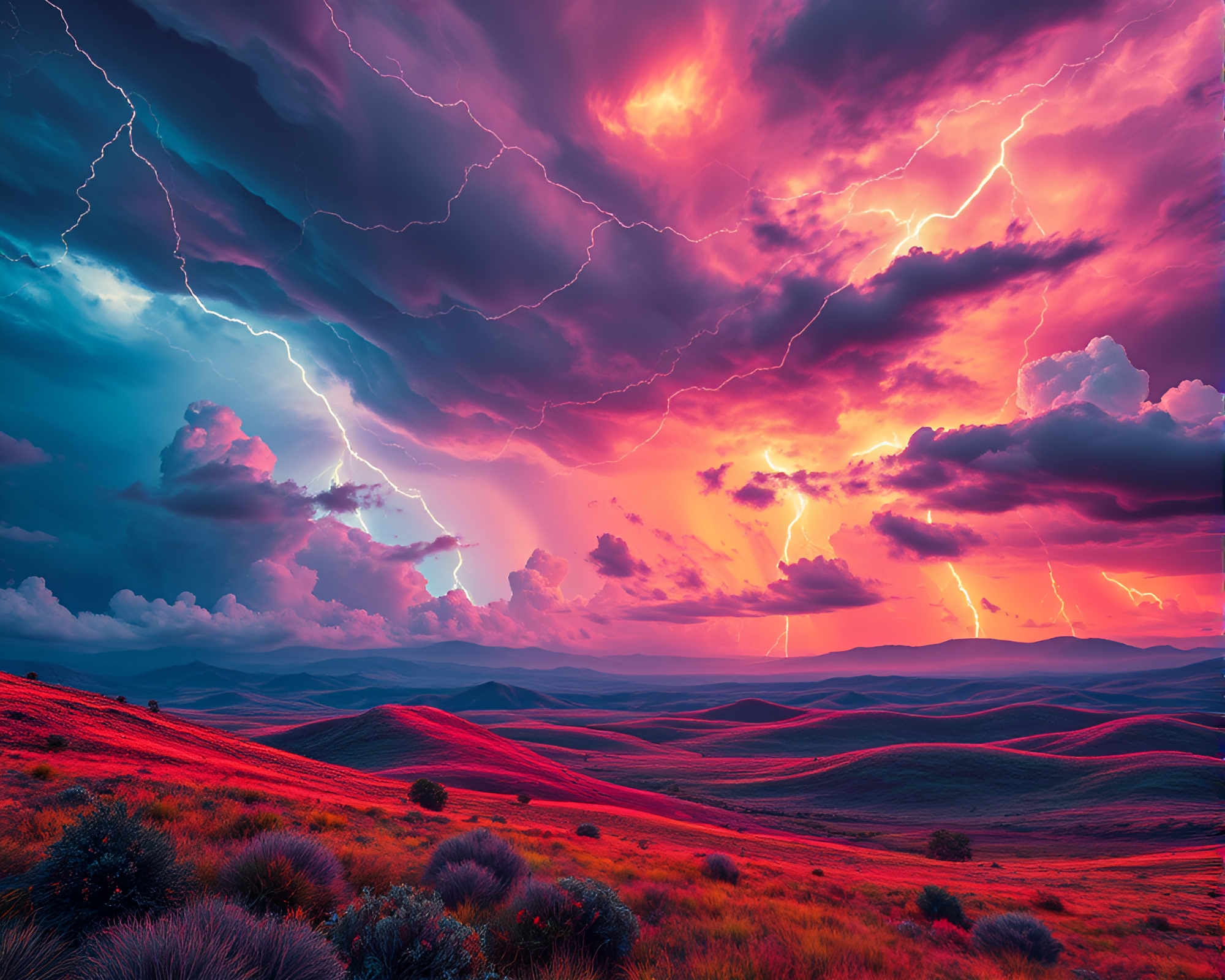Vibrant surreal landscape under electric storm front – free AI stock image